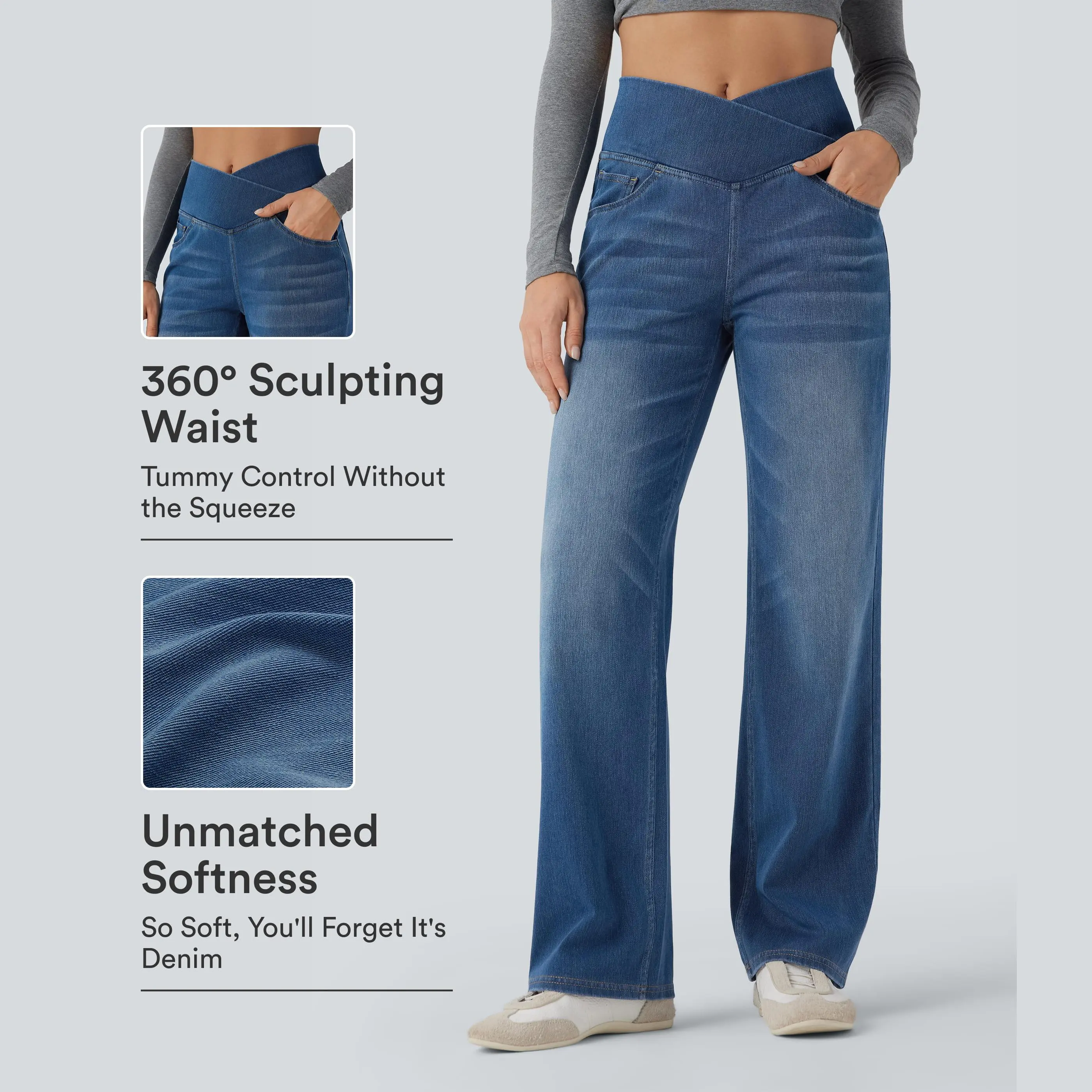 Halara Flex™ Crossover High Waisted Tummy Control Casual Straight Leg Jeans with Pockets