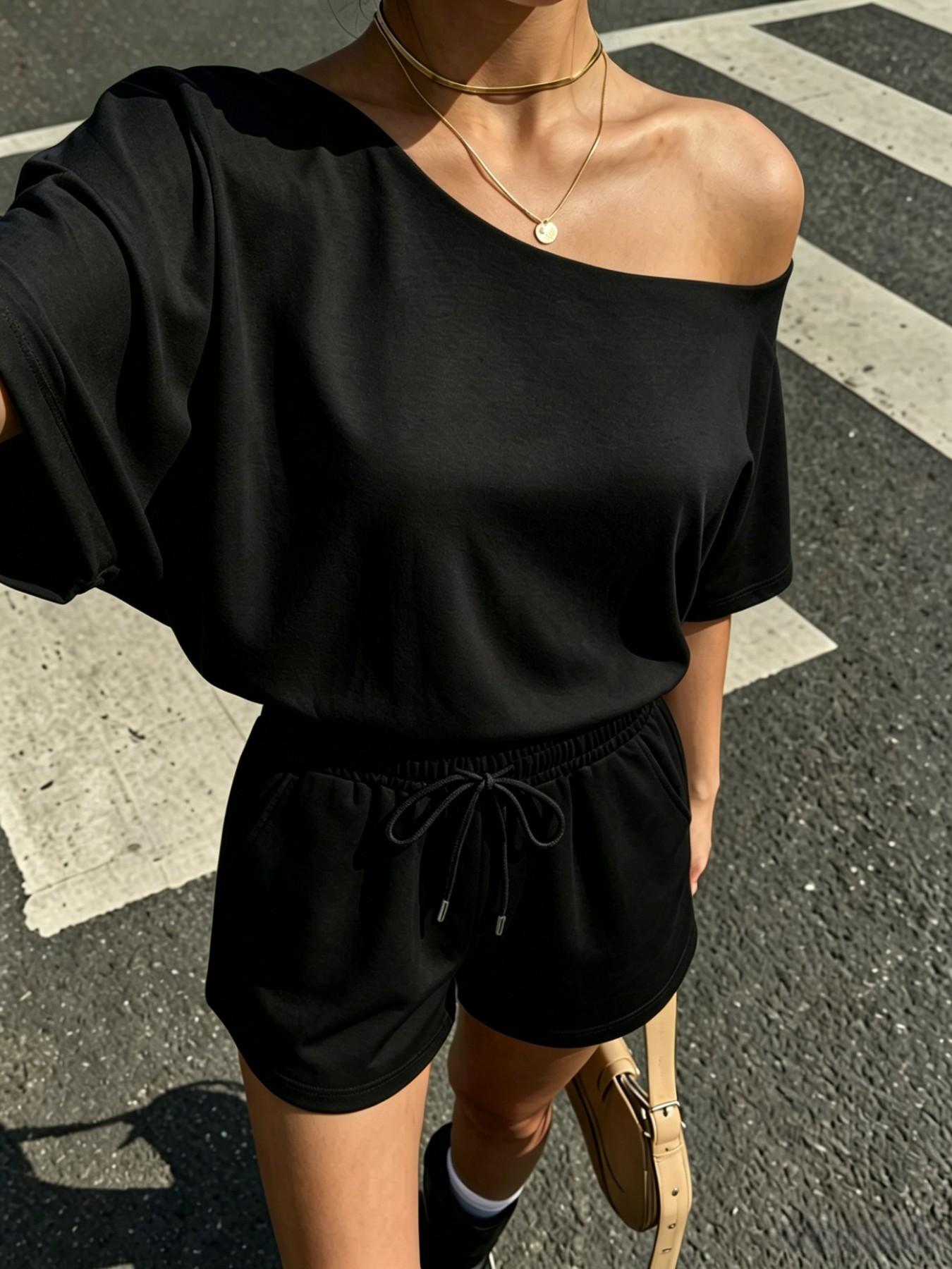 Women's 2-Piece Set, Off-Shoulder Loose Short Sleeve Top & Adjustable Drawstring Shorts, Summer Plain Casual Sporty, Versatile for Various Occasions, Outfit, Clothes