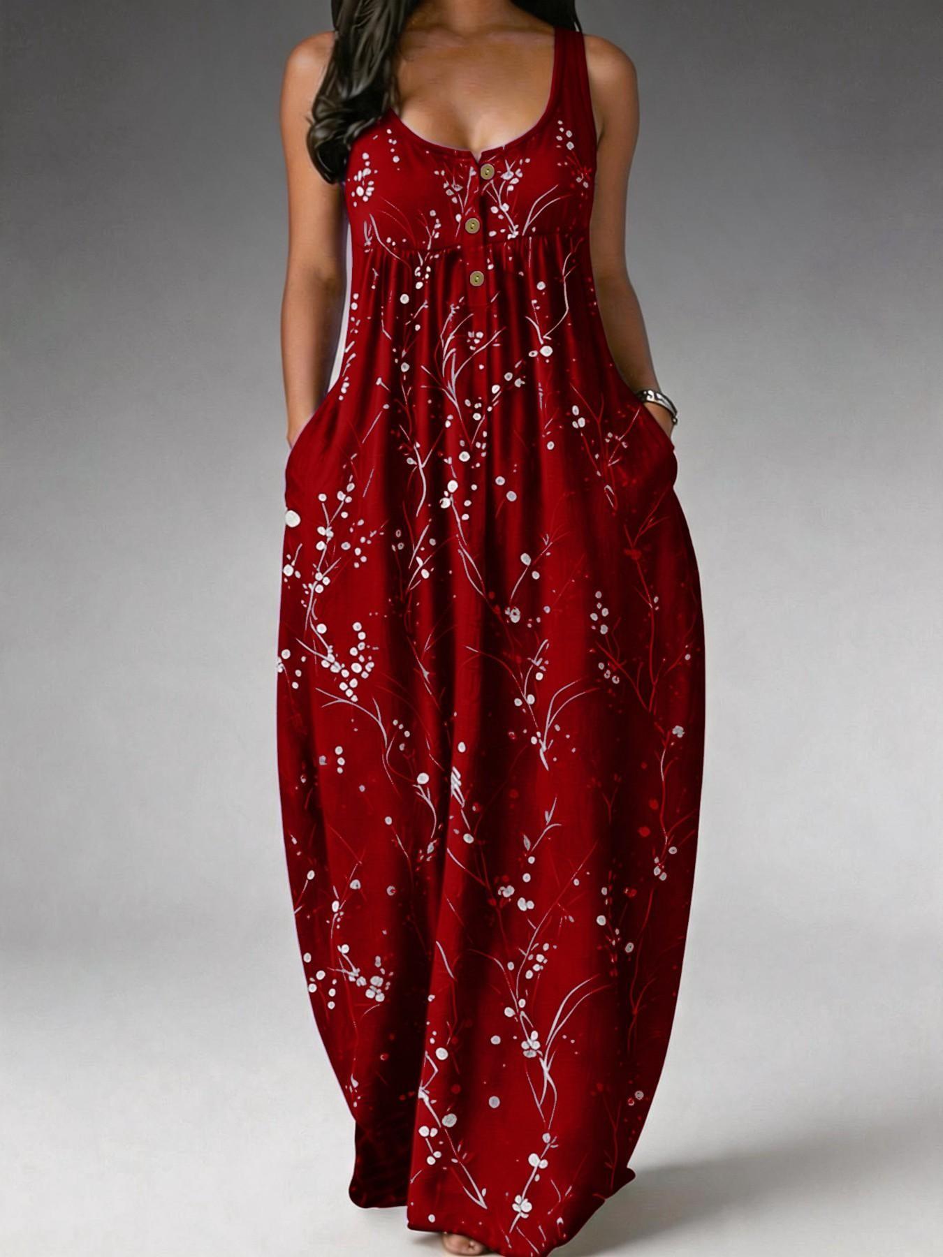 Elegant Plus Size Women's Dress, Loose-Fit Floral Branch Print, Fashionable Chic Sleeveless Long Dress