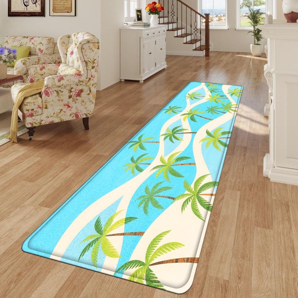1PC， Spring Coconut Tree Beach Scene Patterned strip rugs, home décor, bathroom mats, entryway mats, bathroom non-slip mats, indoor entrance rugs, bedroom bedside mats, kitchen mats, hallway rugs, flannel sponge rugs, hallway runner rugs