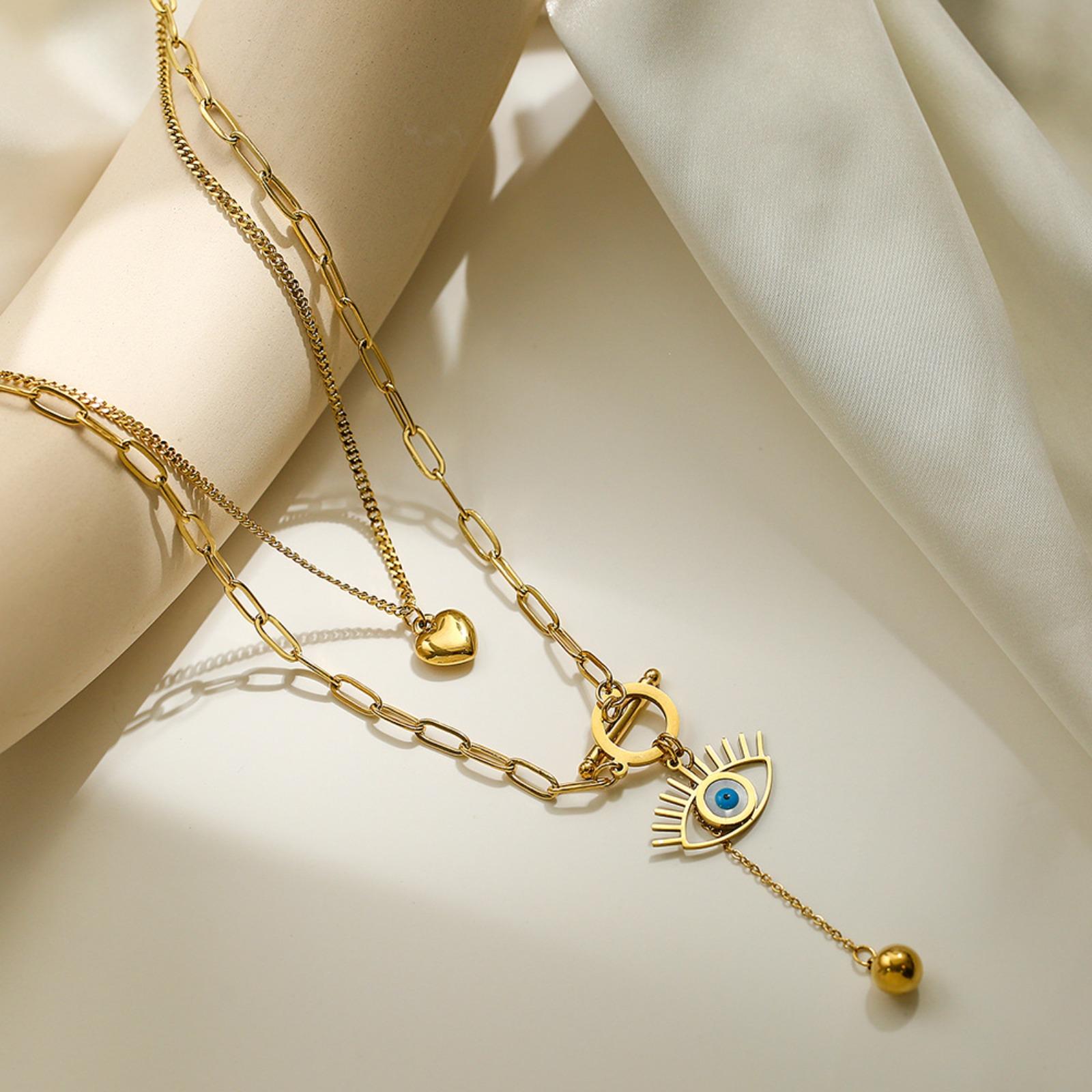 Women's Vintage Luxury Gold Evil Eye Bead Layered Titanium Steel Collarbone Chain, Sports & Outdoor Accessory