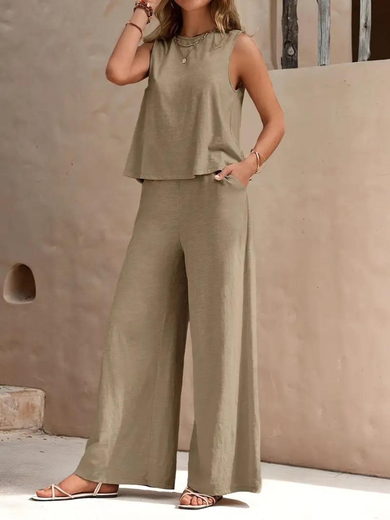 Elegant Two-Piece Set for Women, Womenswear Round Neck Vest & Wide-Leg Pants, Perfect for Casual Wear, Stylish for Daily Use