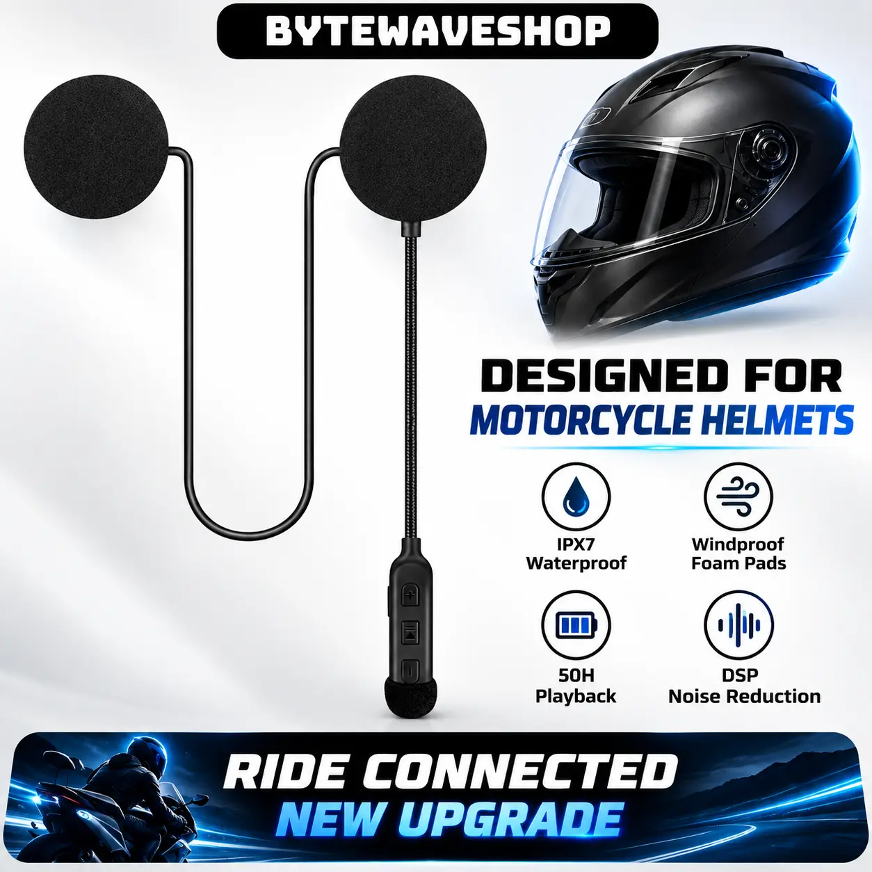 Motorcycle Helmet Bluetooth Headset,Outdoor Headset,Waterproof Sports Headset,Speakers Hands Free,Music Call Control,Automatic answering,60 Hours Playing time High Sound System