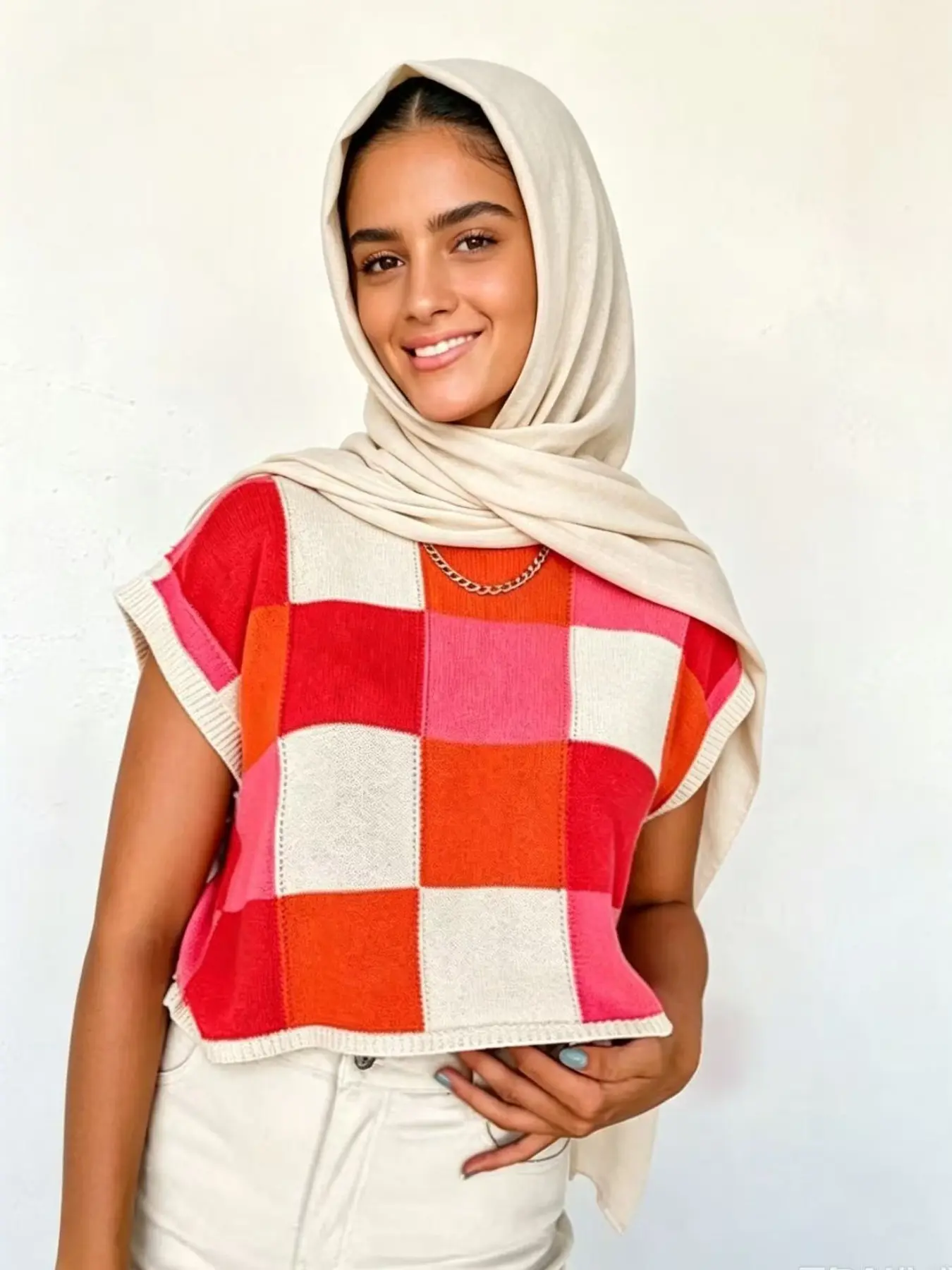 Women's Fashionable Essential Round Neck Sleeveless Knit Knitwear Vest Tops, Colorblock Plaid Pattern, Versatile Outdoor Wear, All Seasons Casual Clothing Womenswear