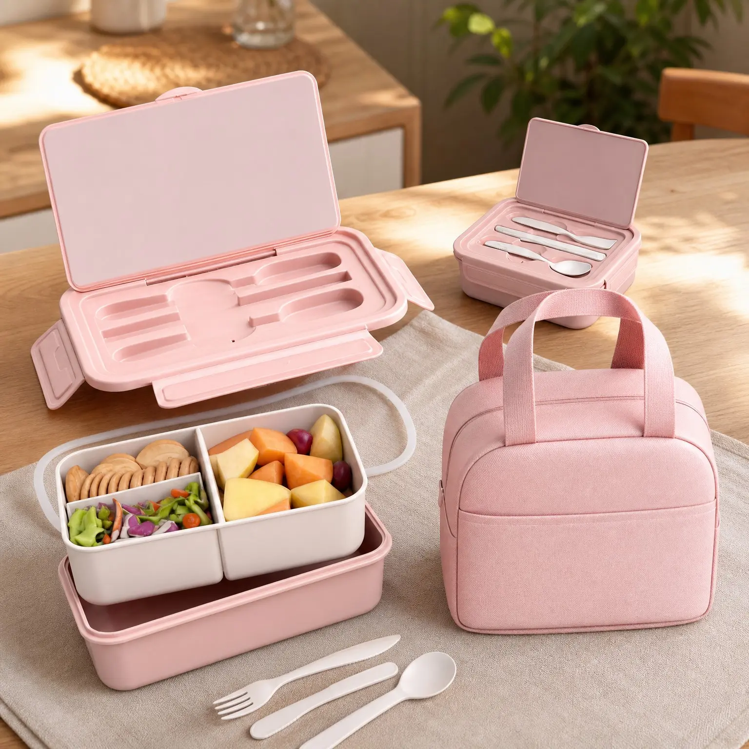 Bento Box with Lunch Bag for Women & Girls, 1100ml BPA-Free Pink - Includes Spoon, Fork, Sauce Box, Dishwasher Safe, Ideal for School, Work, Office, Travel, PicnicGift