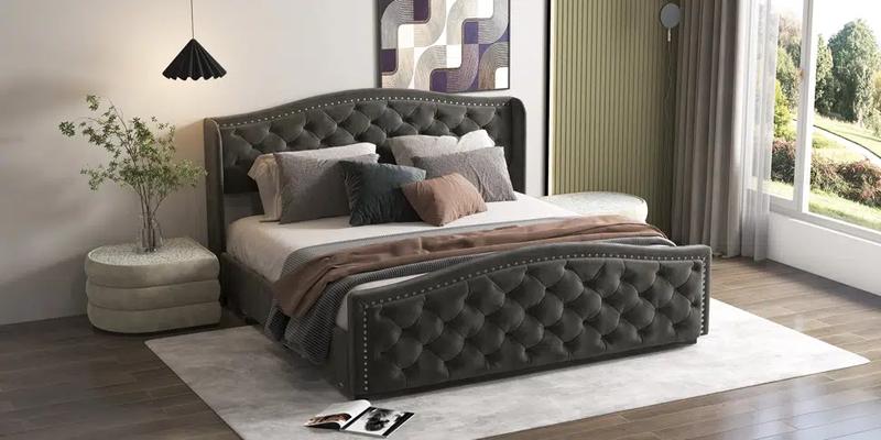 EBELLO Velvet Upholstered Metal Nail Trim Platform Bed with Tufted Headboard and 4 Drawers
