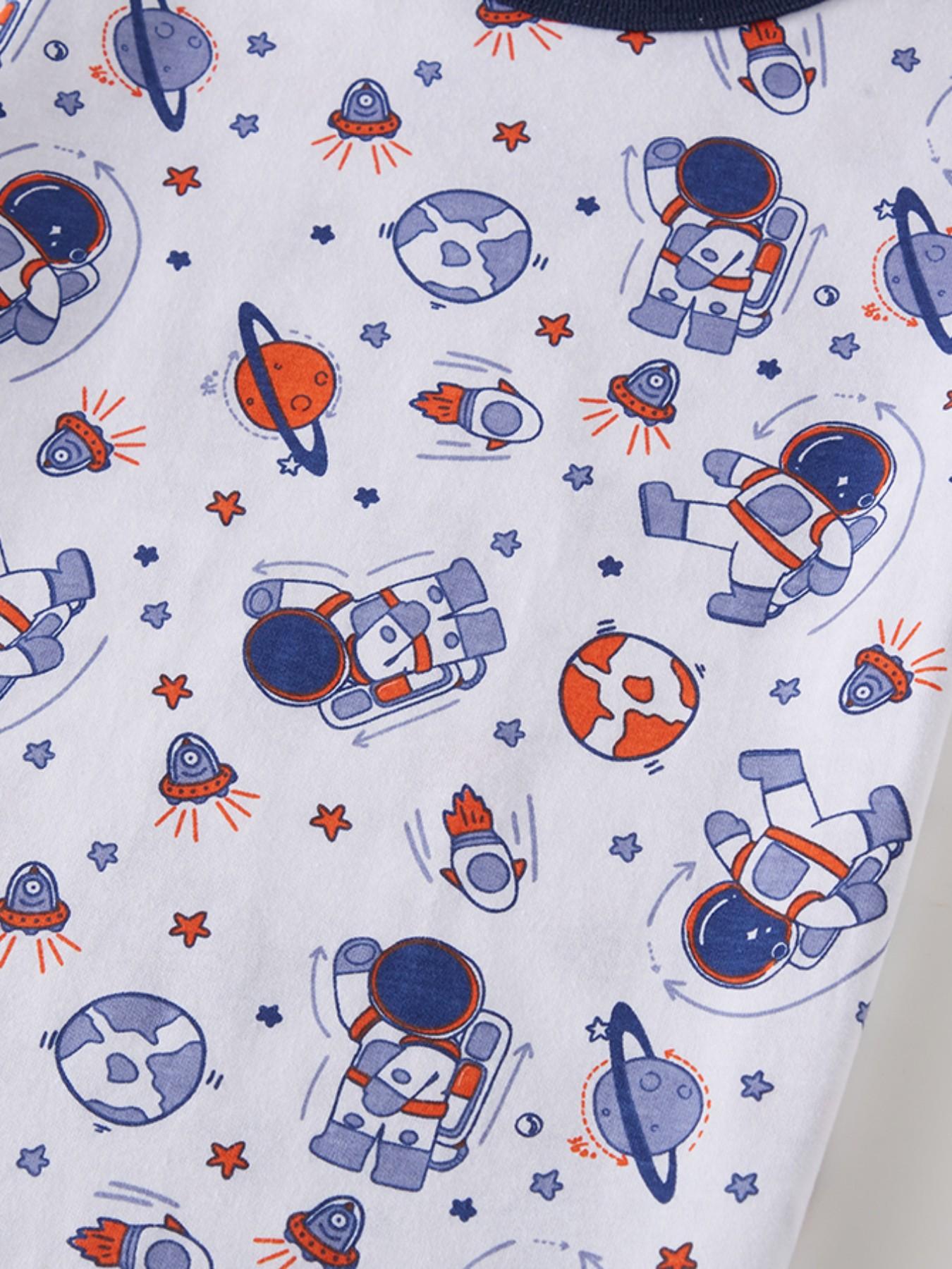 Boys' Cute Astronaut Space Print Pajama Set, Summer Breathable Soft Sleepwear, Short Sleeve Fitted Casual Pajamas