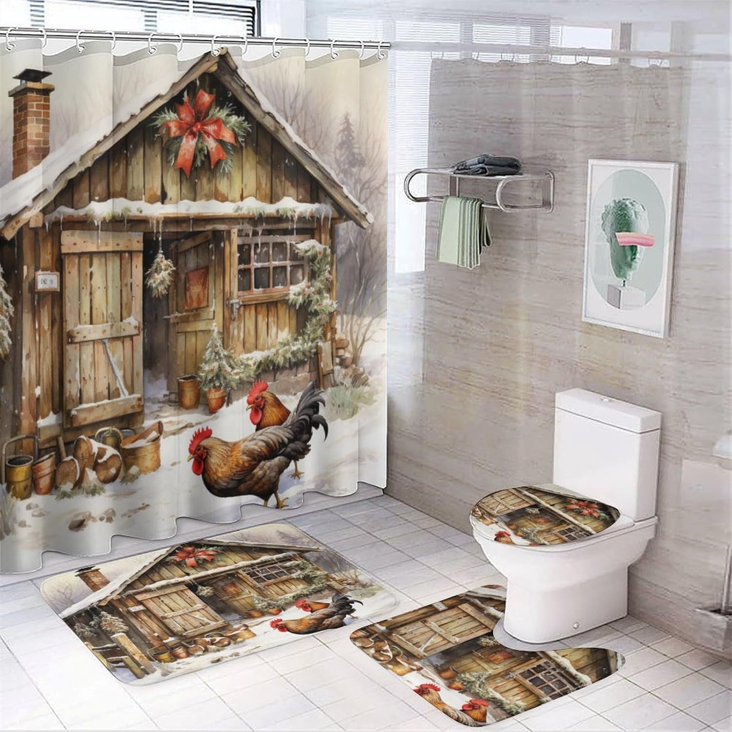 It's Just Chicken Time Shower Curtain 4 Piece Set Bathroom Shower Curtain Set with Rugs Rooster Chicken Holiday Durable and Waterproof for Bathroom Decor