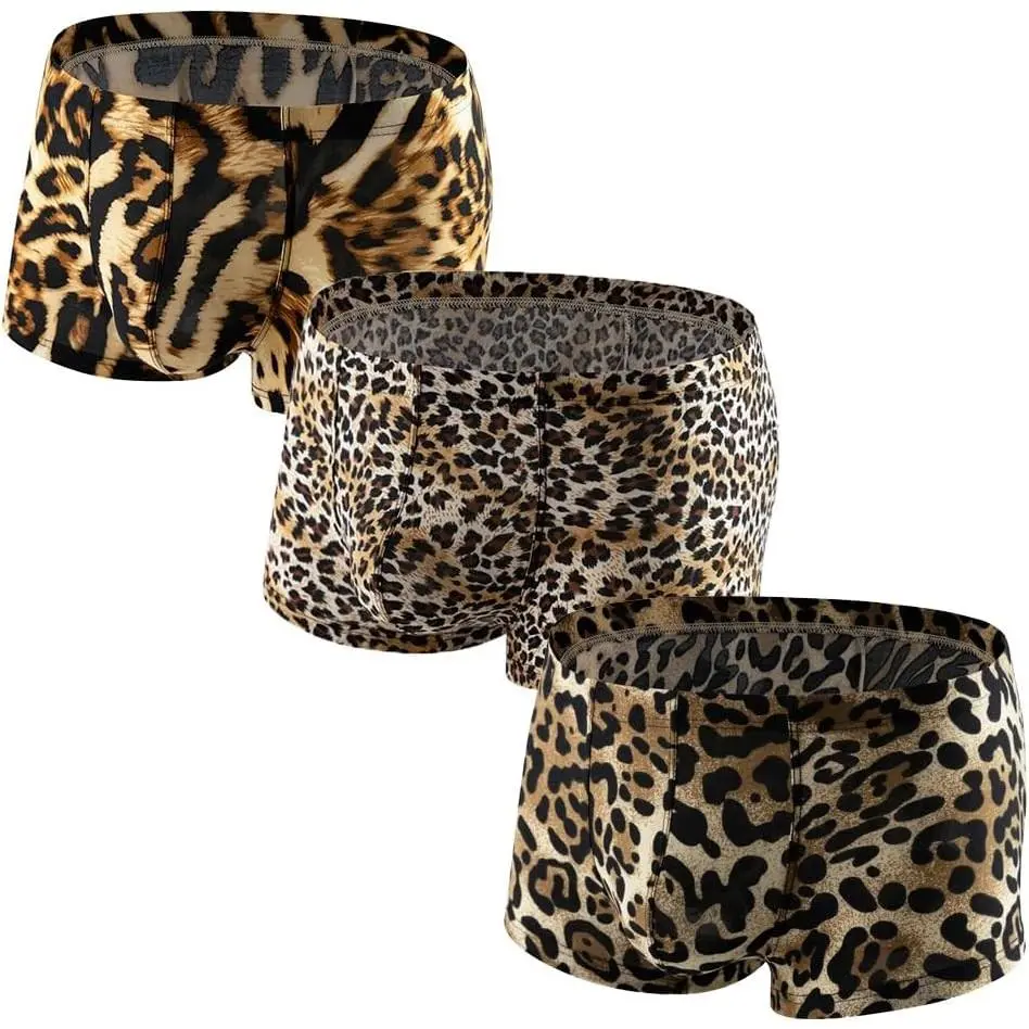 3 Pack Men Leopard Print Boxer Briefs Low Rise Stretch Breathable Trunks Underwear