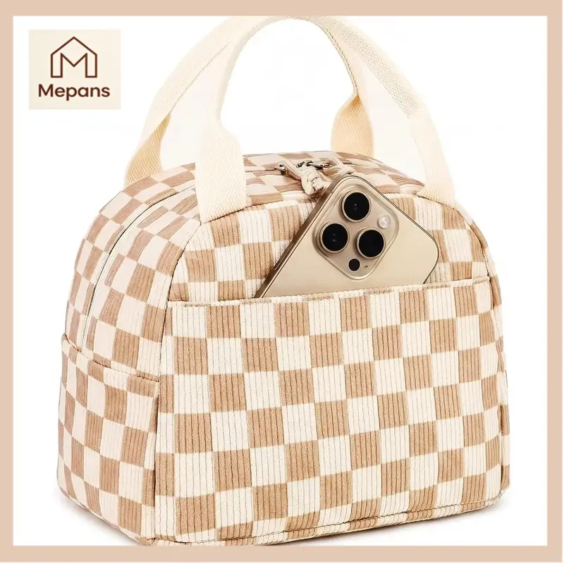 Women's Corduroy Insulated Lunch Bag - Leakproof Cooler with Front Pocket, Checkered Cute Small Bag for Work/School, Picnic Lunch
