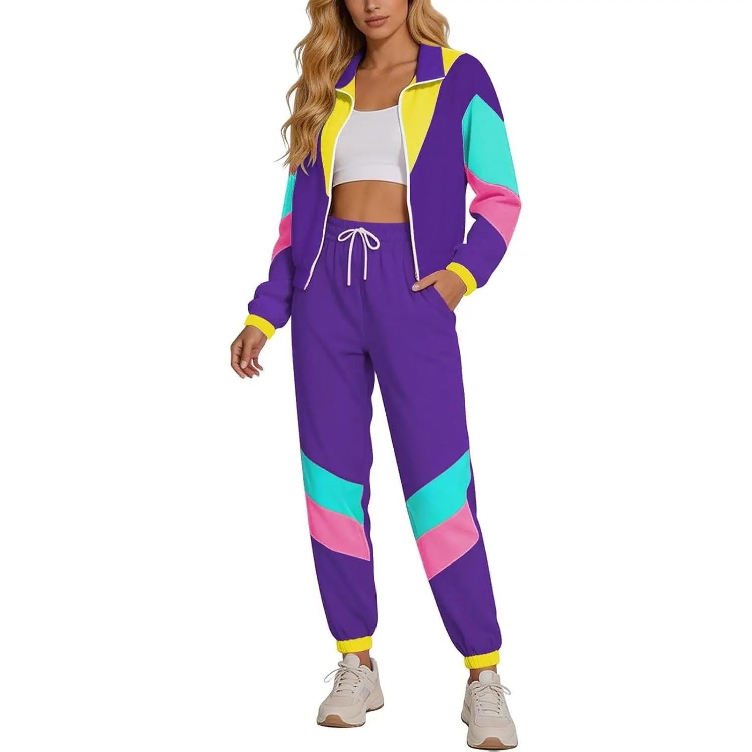 80s Track Suit Women Set 90s Windbreaker Outfit Retro Color Block Sportswear Set With Jacket Sweatpants