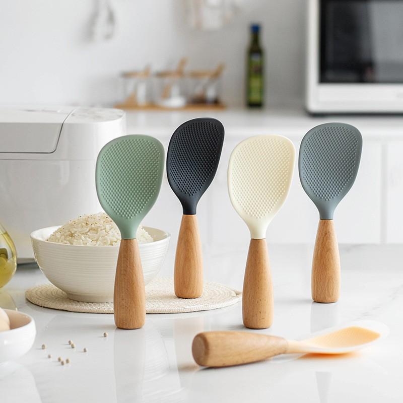 Silicone Rice Paddle with Wooden Handle, Non-Stick Heat Resistant Rice Scoop, BPA Free & Dishwasher Safe，Food-Grade Standing Silicone Rice Spoon, Non-Slip Heat Resistant, Stain-Free Rice Serving Spoon, Home Electric Rice Cooker Spoon