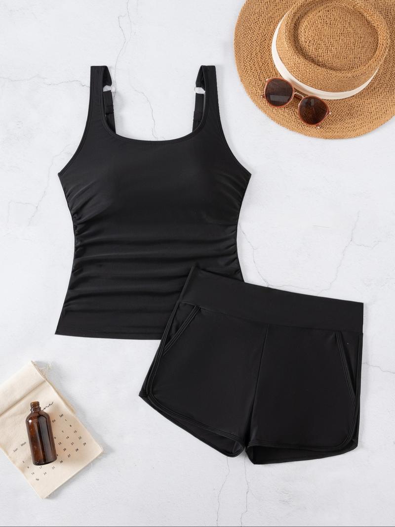 Women's Solid Tankini Set, Casual U Neck Sleeveless Swim Top & Swim Shorts, Ladies Swimsuit for All Seasons, Tankini Swimsuits