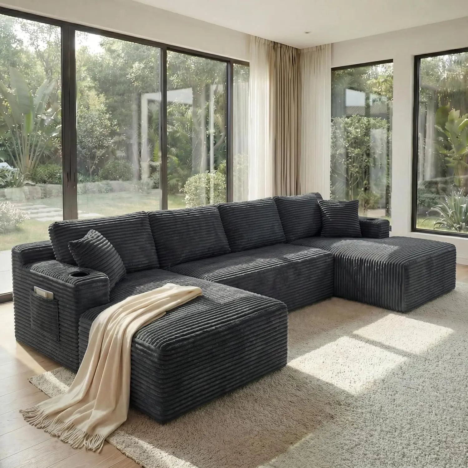126" U-Shaped Modular Sectional Sofa, Oversized Cloud Couch with Storage, Upholstered Deep Seat Sleeper Sofa Bed with Cup Holder for Living Room, No Assembly Required, Grey
