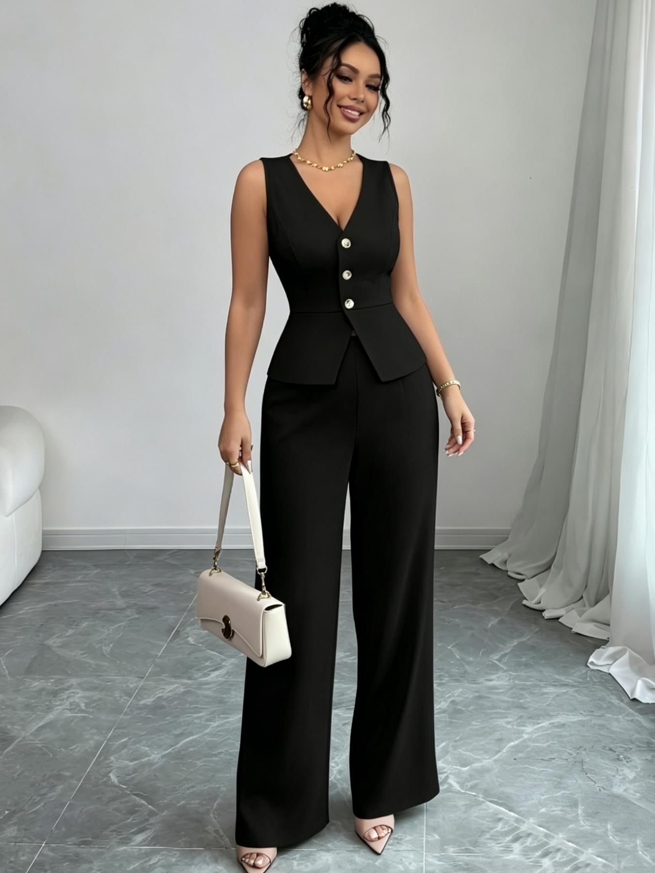 YYT1 A women's Chic Sleeveless Vneck luxury waist cinched Fitted suit vest set, Pants Top Set, same color scheme, suitable commuting, shopping, outdoor activities, Fitted clothing set