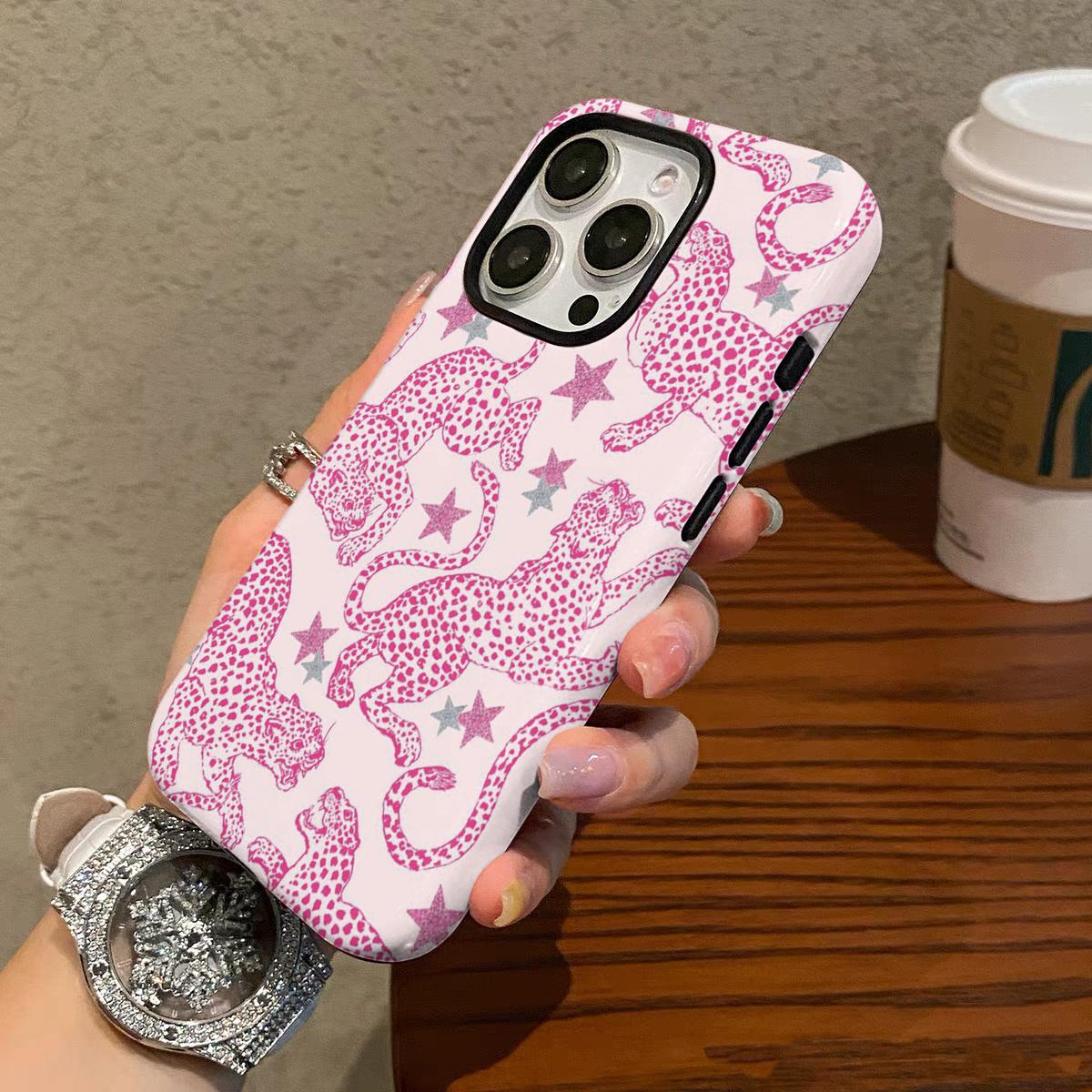 Leopard Star Pattern Dual-Function Phone Case, Durable Shockproof Fashion Protection for iPhone 11 12 13 14 15 16 17 Pro Max, Samsung Galaxy S25 S24 S23 Ultra