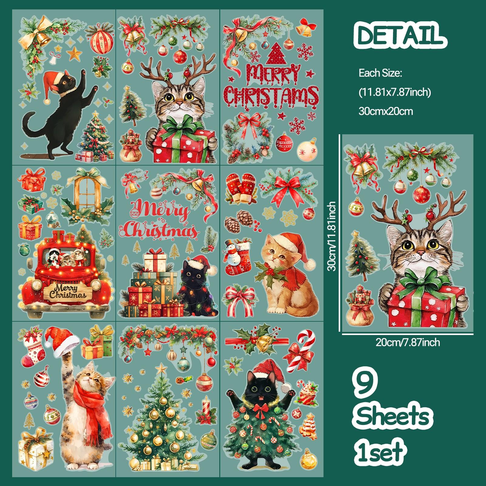 Christmas Static Cling Stickers Set, 9 Sheets 11.81x7.87 Inch, Pre-Cut Removable Holiday Window Decorations, No Residue