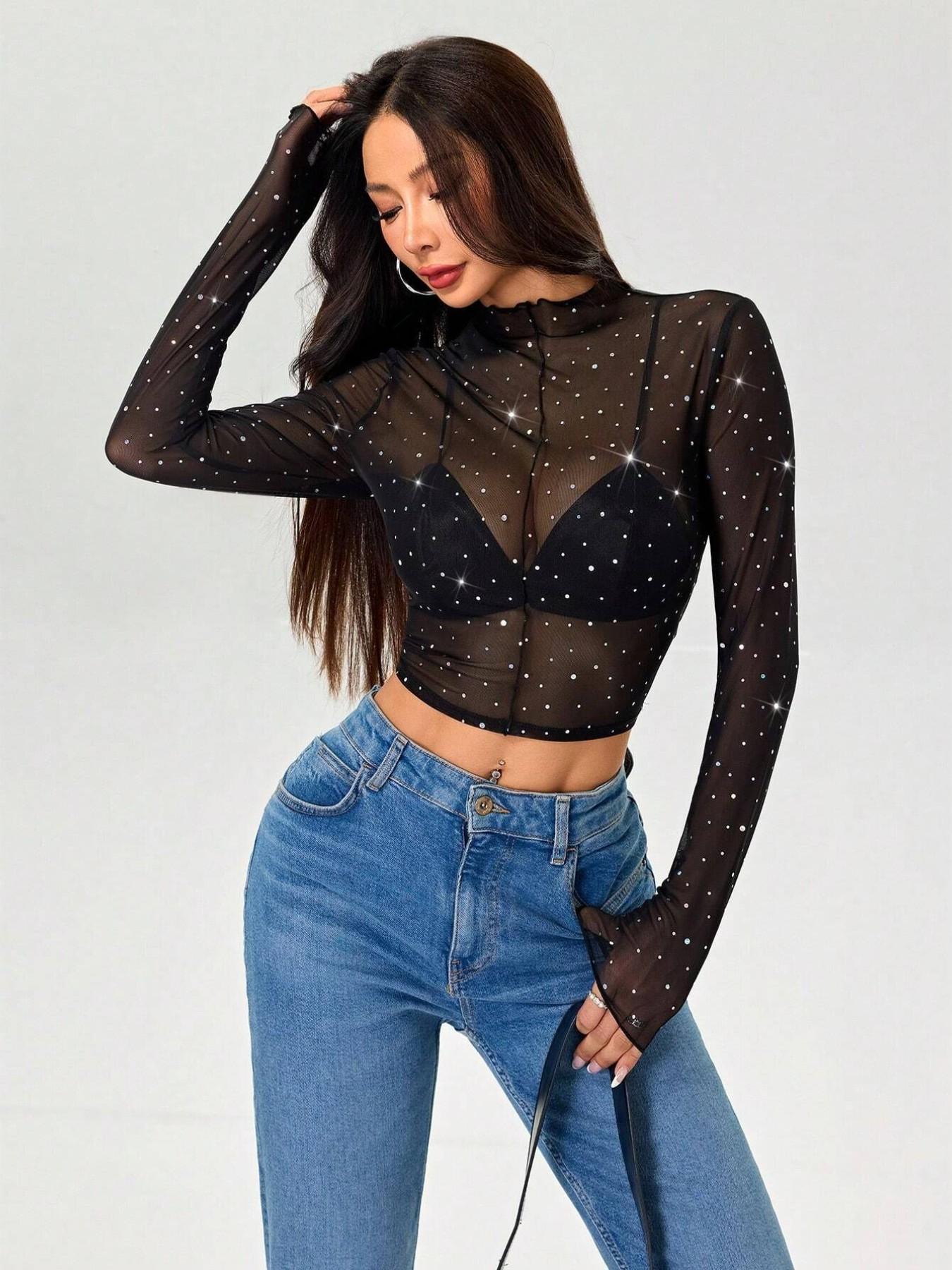 Women's Spring Summer Stand Collar Mesh Transparent Sequin Long Sleeve T-Shirt, Slim Fit Y2K Style, Casual Butterfly Pattern Top