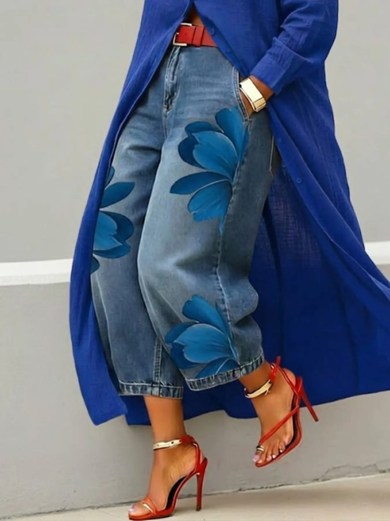 2026 New Women’s Faux Denim Printed Wide Leg Pants, Loose Everyday Casual Baggy Jeans, Versatile Comfy Long Trousers, Trendy Fashion Bottoms