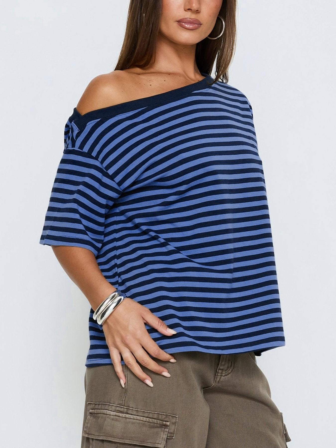 Women's Striped Off-Shoulder T-Shirt, Lightweight Casual Loose Fit Top, Comfortable Daily Wear, Trendy Summer Fashion