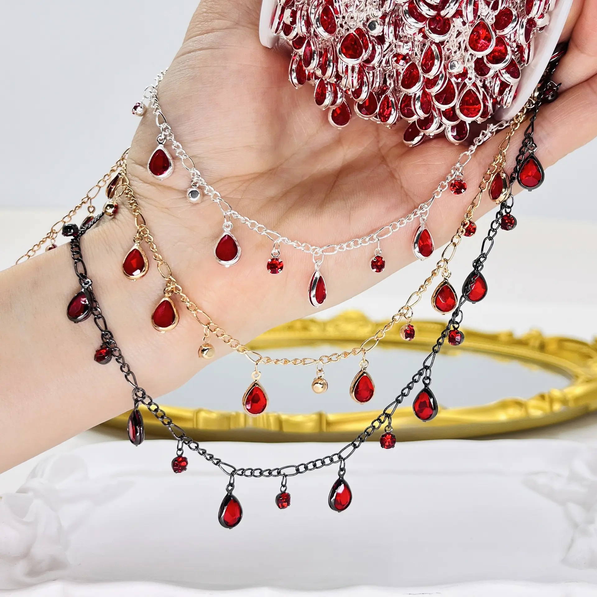Water Drop Bead Chain, Red, 2m/78.74in, Suitable for DIY Jewelry Making, Crafting, Water Droplet Beads for Chains