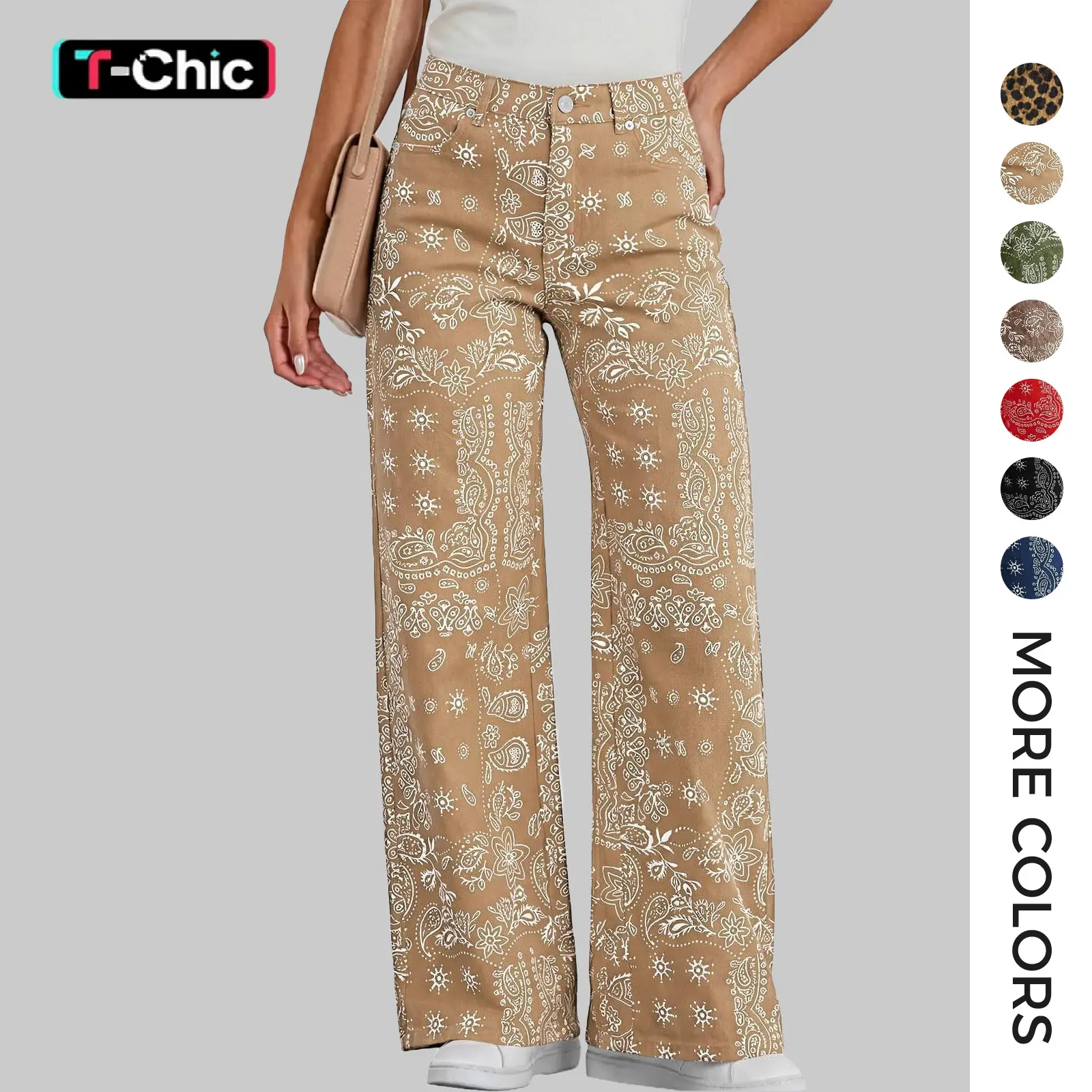 Tankaneo Womens Boyfriend Baggy Jeans Boho Wide Leg High Waist Denim Pants Bandana, Floral Print, Y2k Vintage, Straight Leg, Cotton Sweatpants with Pockets, Patchwork, Trendy Casual, Streetwear