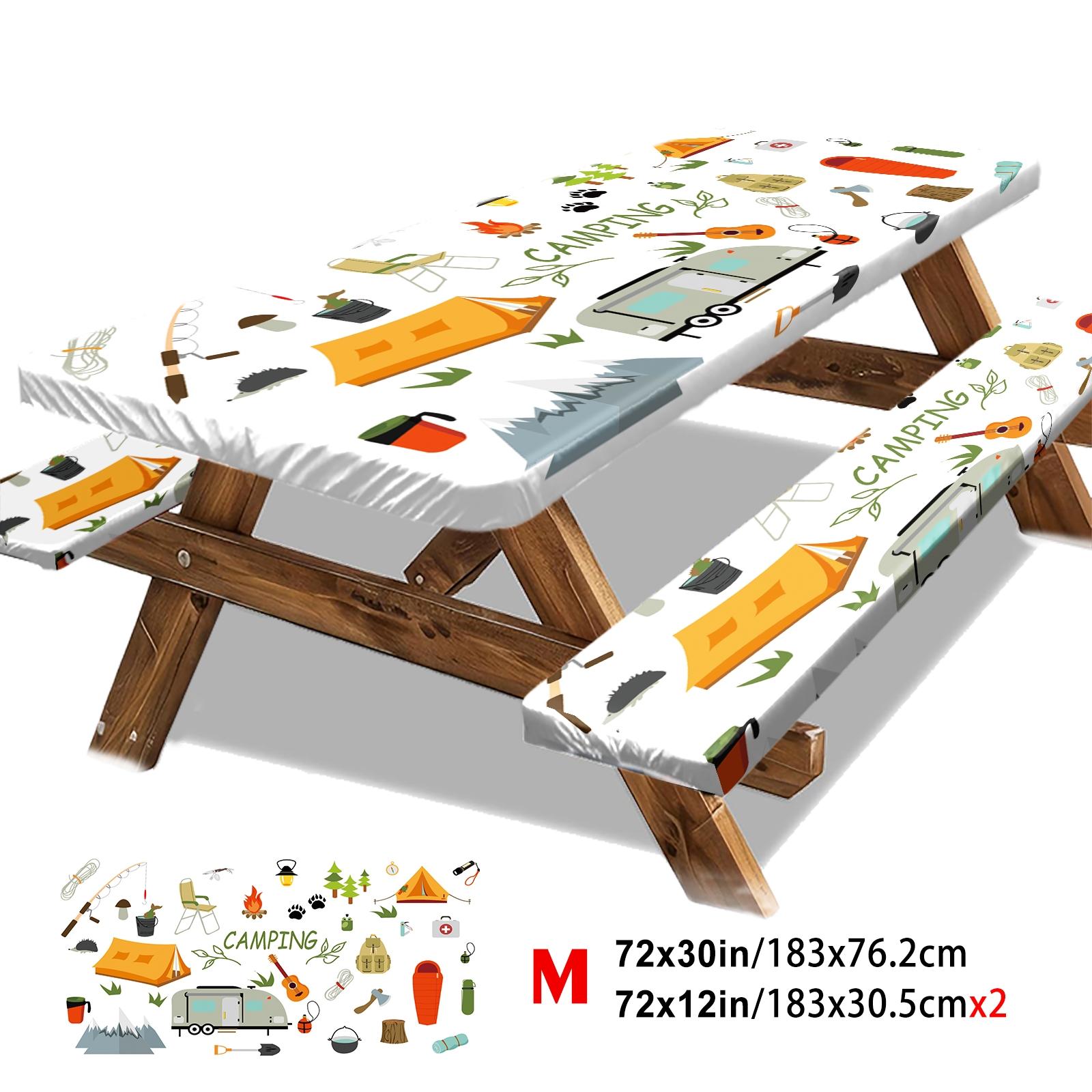 3pc Party Camping Yard Tablecloth Set, Beach RV Vacation Scene, Elastic Stretch Cover, Windproof Rectangular Tablecloth, Outdoor Picnic BBQ