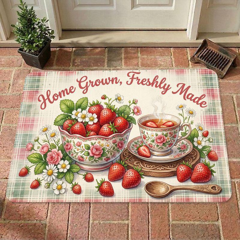 Vintage Pink Green Plaid Strawberry Tea Doormat Soft Cozy Thick Flannel Plush Non Slip Machine Washable Entryway Rug For Indoor Bedroom Kitchen Bathroom Living Room Office Outdoor Porch Balcony Hallway Treads Stair Non-Slip
