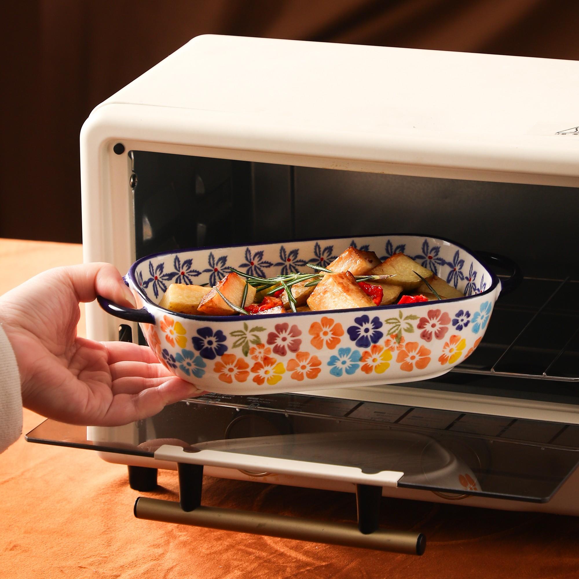 Vintage Ceramic Baking Tray, Heat Resistant Bakeware, Rectangle Fruit Bowl & Cheese Baked Rice Serving Dish, Ideal for Oven & Microwave Use at Home, Thermal Casserole Dish