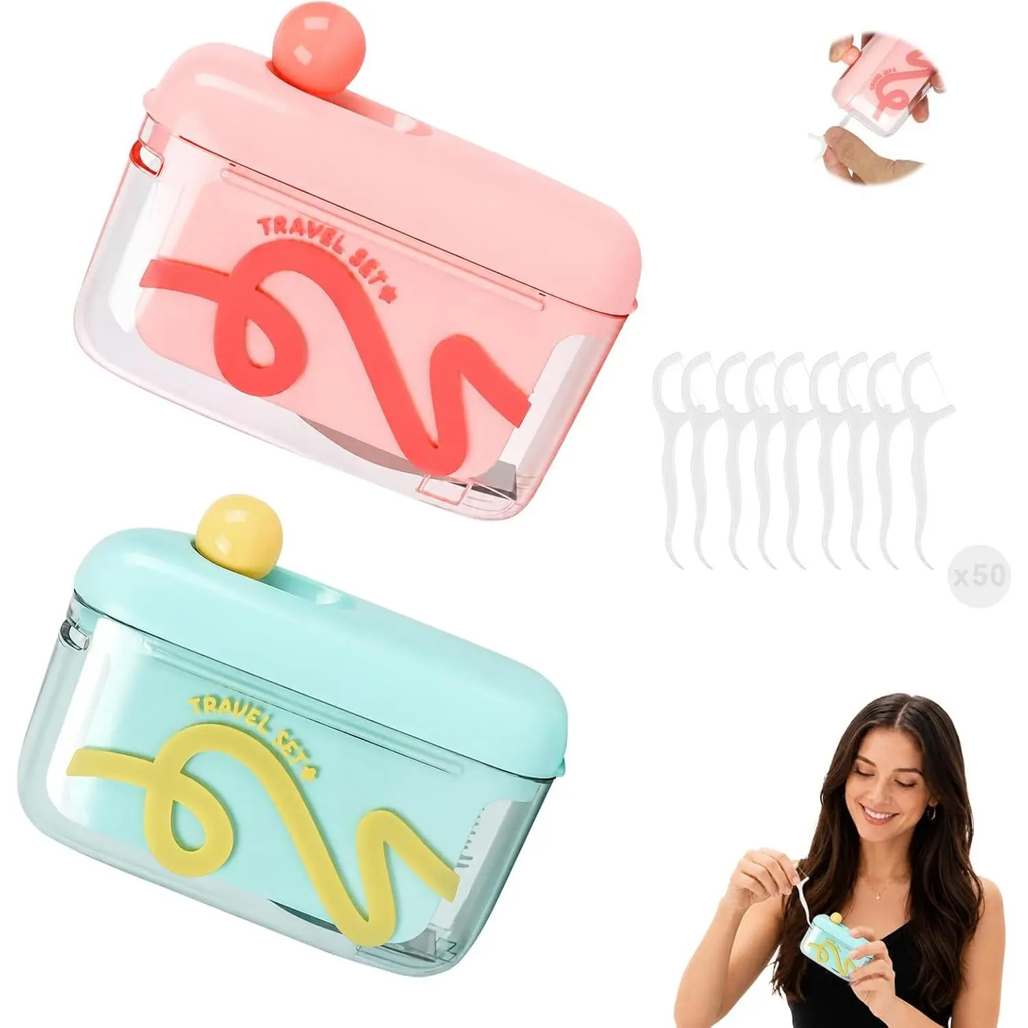 2 Pack Automatic Pop-Up Floss Dispenser with Floss Picks, 1-Touch Portable Travel Case for Purse & Pocket, Refillable Dental Organizer for On-The-Go Oral Care