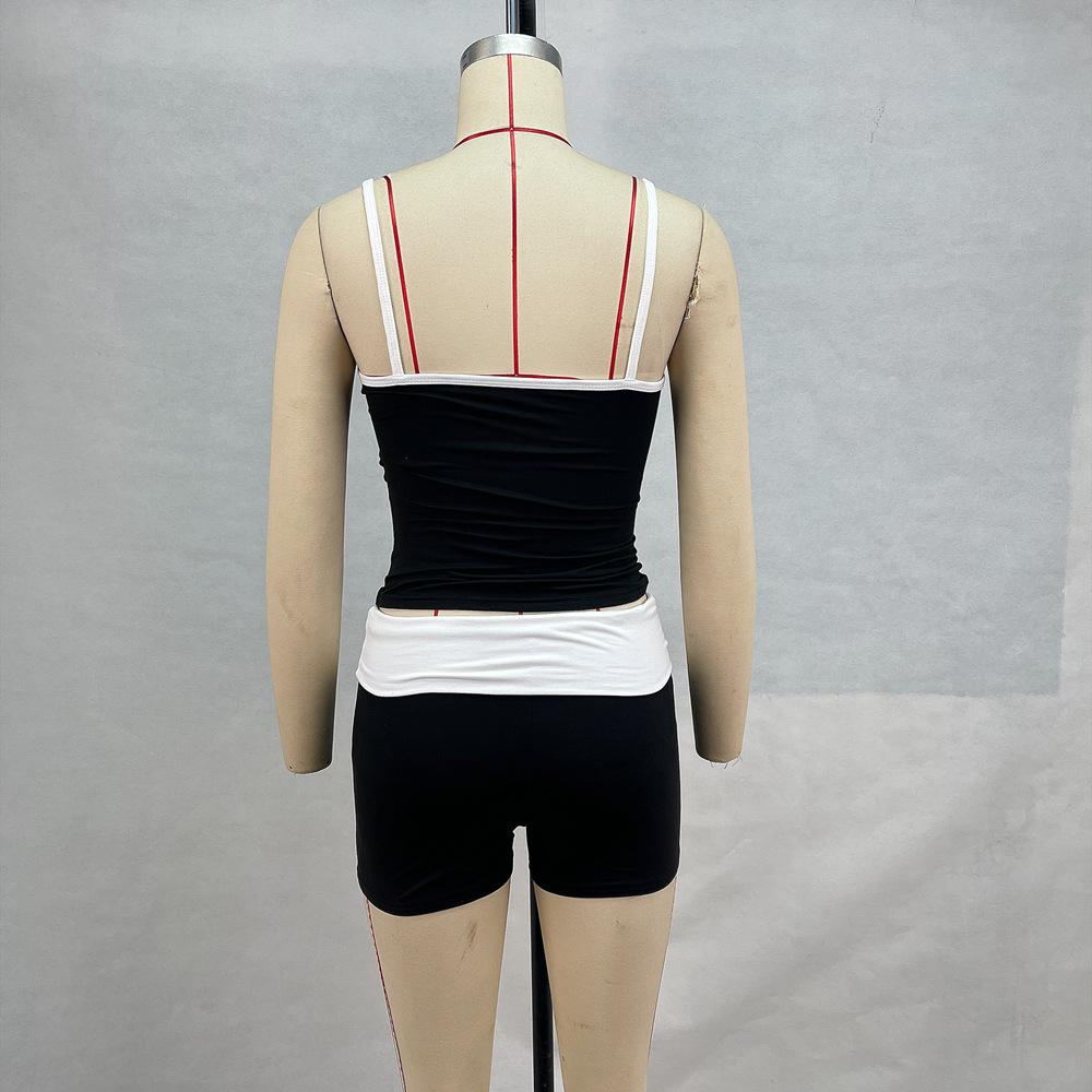 Sportswear, summer, suspenders, exposed navel, contrasting colors, tops, low waist, shorts, suits, casual, fitness sport set contrast binding