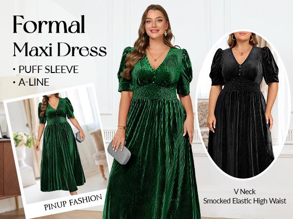 Pinup Fashion Velvet Wedding Guest Dress - Fall Formal Holiday V Neck Empire Waist Long Dresses