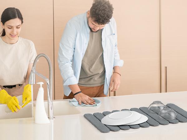 Msercuor Large Stone Dish Drying Mat 24"x16" Diatomaceous Earth Collapsible Quick Drainage for Kitchen Counter with Sanding Paper & Anti-Slip Pad Coasters Tableware