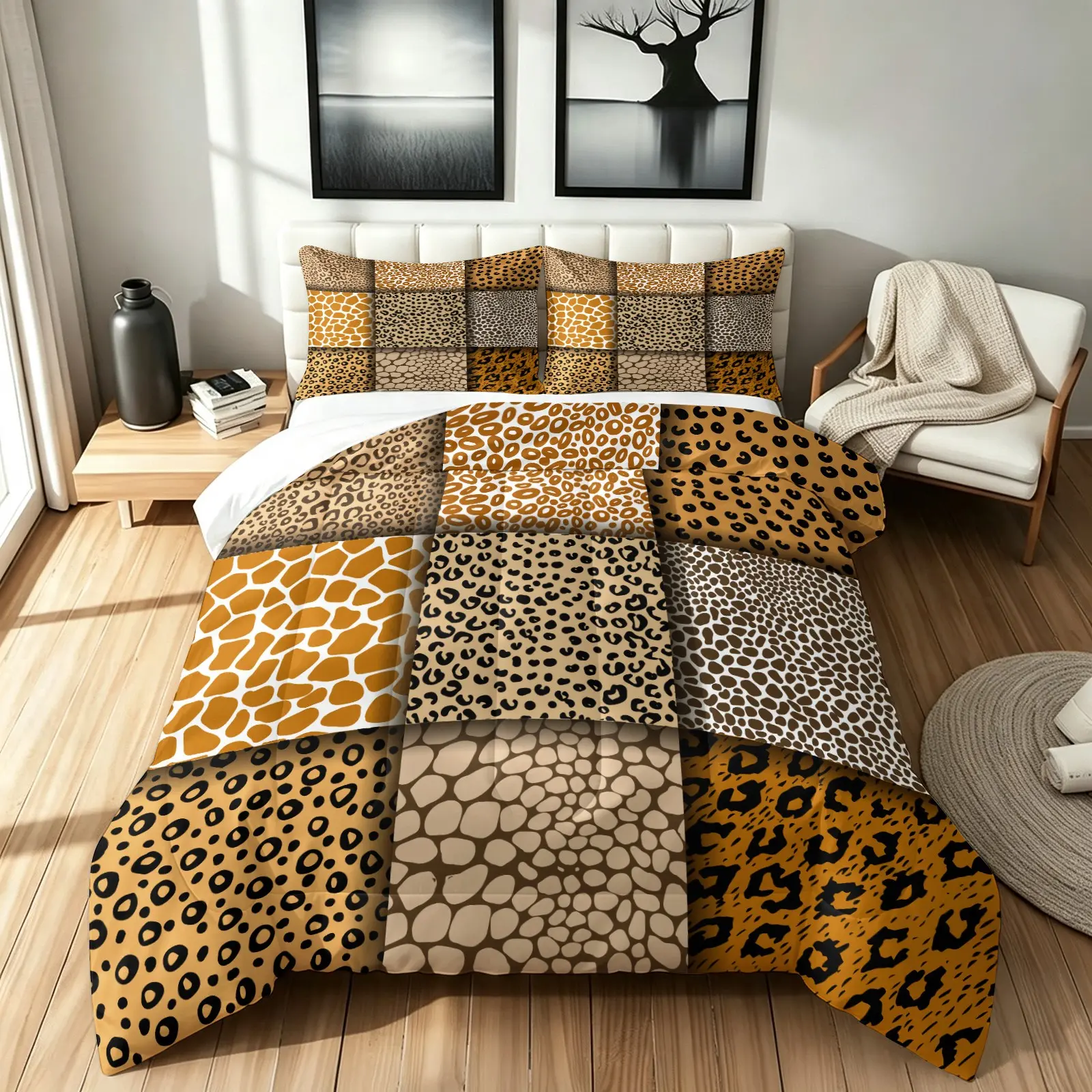 3Pcs Animal Print Patchwork Comforter Set, Mixed Leopard Giraffe Spotted Patchwork Print, Soft Breathable Microfiber, U-Shaped Quilting, 1 Comforter & 2 Pillowcases, Adults Teens Bedroom Dorm Safari Decor Gift