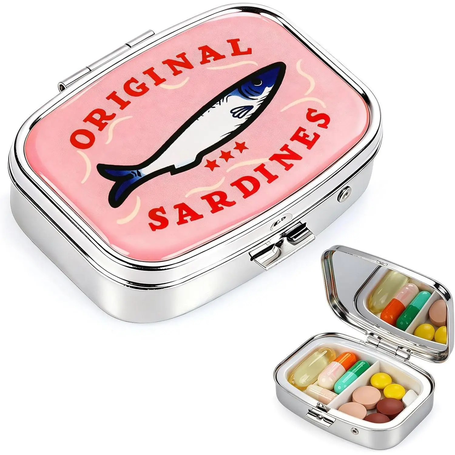 Retro Sardines Small Pill Organizer 2 Times a Day Women Men - Pink | Metal AM PM Daily Pill Box with Mirror Medicine Vitamin Supplement, Privacy Protection Office Travel Pill Case Purse