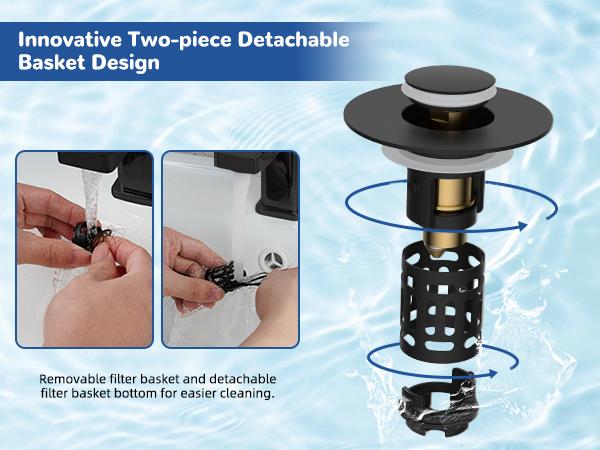 Hibbent Upgraded 3-in-1 Bathroom Sink Drain Strainer Bathroom Accessories Set, Universal Pop-Up Stopper with Removable Stainless Steel Filter Basket Hair Catcher, Brass Bullet Core Plug for 1.1"-2.36" Basins, Matte Black
