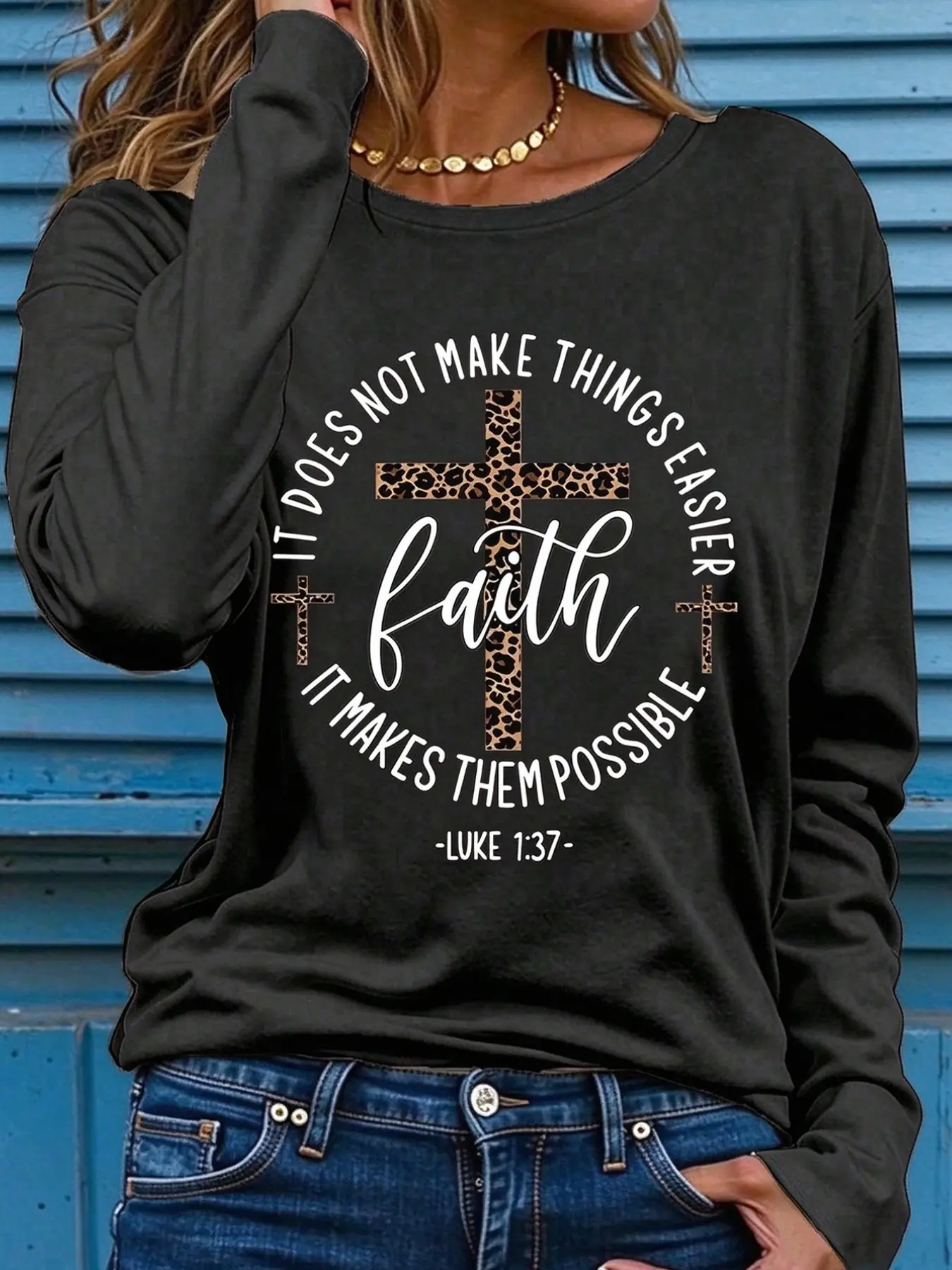 Women's Leopard Print Cross Graphic Tee, Casual Fitted Round Neck Long Sleeve T-Shirt, Street Style for Outdoor Leisure, All Seasons