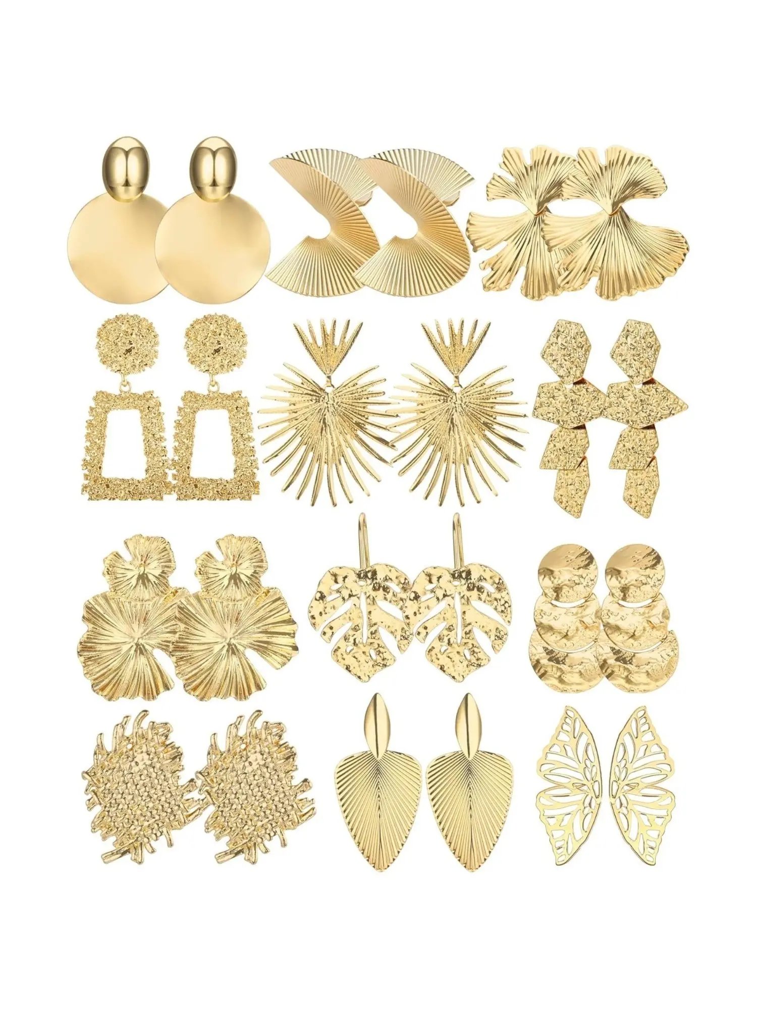 12 Pairs Golden Geometric Earrings Exaggerated Eye-catching Earrings for Women Large Boho Dangle Earrings Geometric Twisted Sectorized Leaf Fashion Earrings