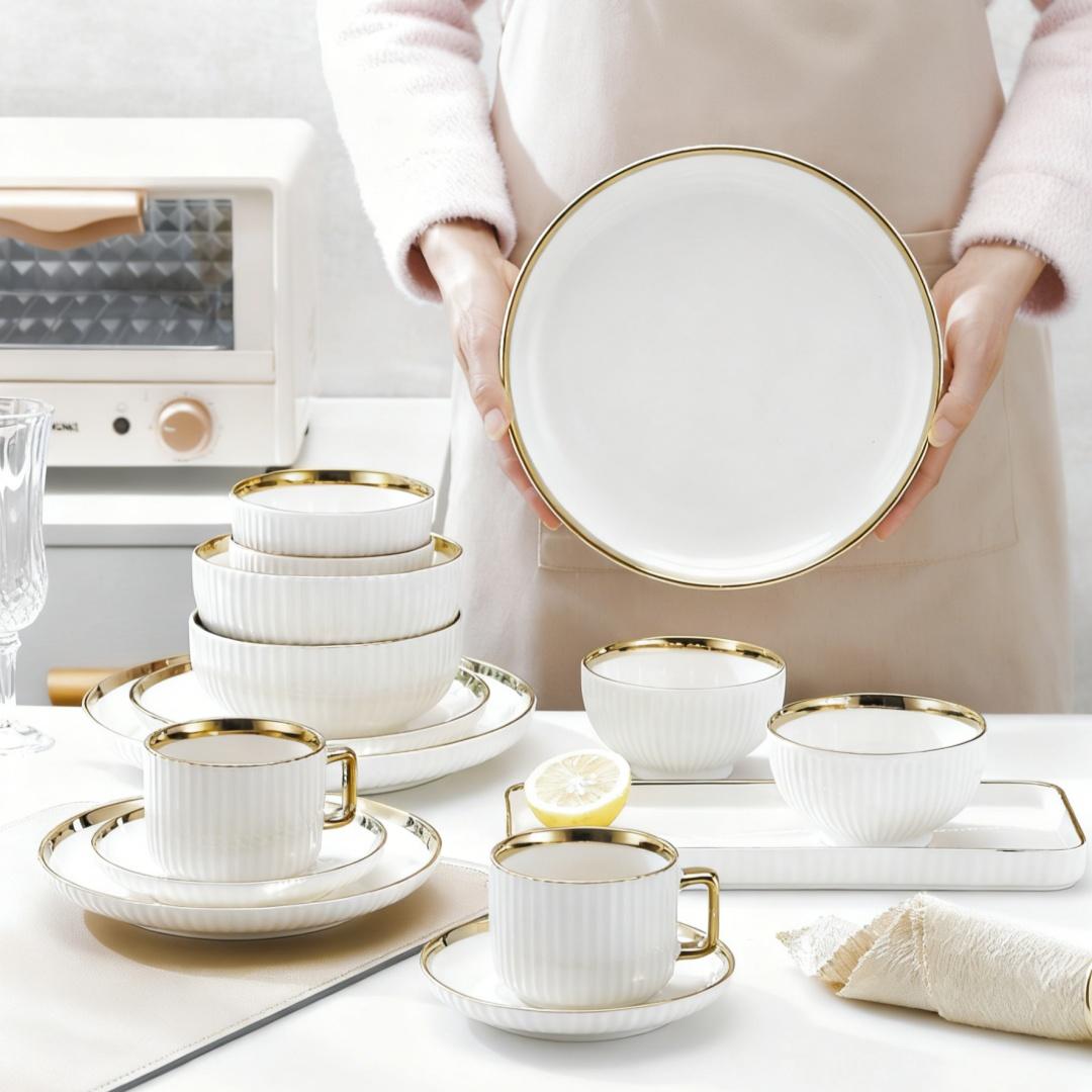 Multiple Ceramic Tableware Sets - Customize Your Own Combination, Vertical Stripes, Suitable for Multiple People, Dishwasher & Microwave Safe, Ceramic Dinnerware Set