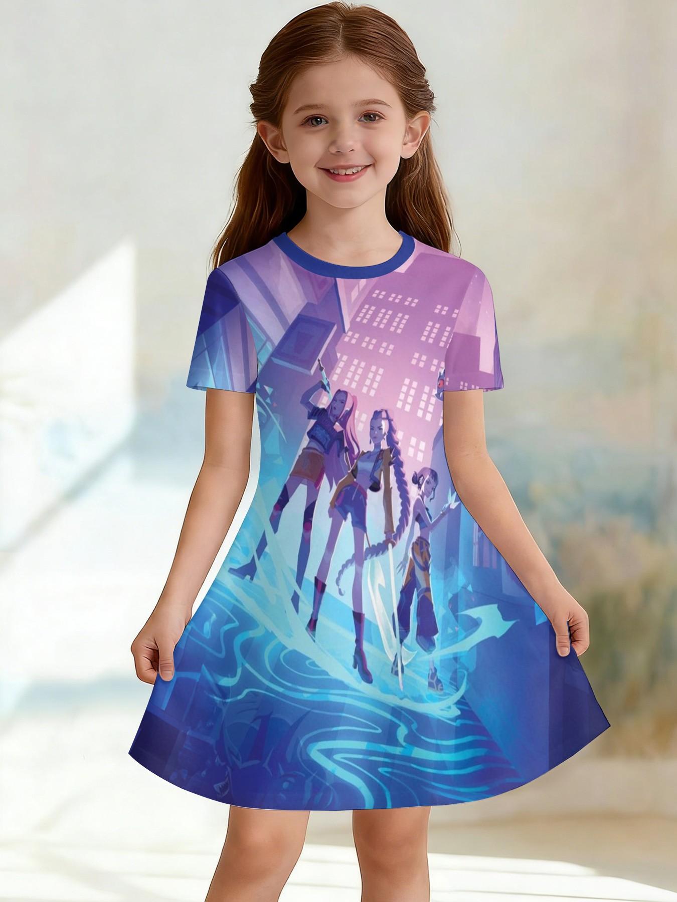 Girls' Fantasy City Battle Dress, Blue Gradient A-Line, Fashion Outdoor Wear, Birthday Gift, Festival Gift