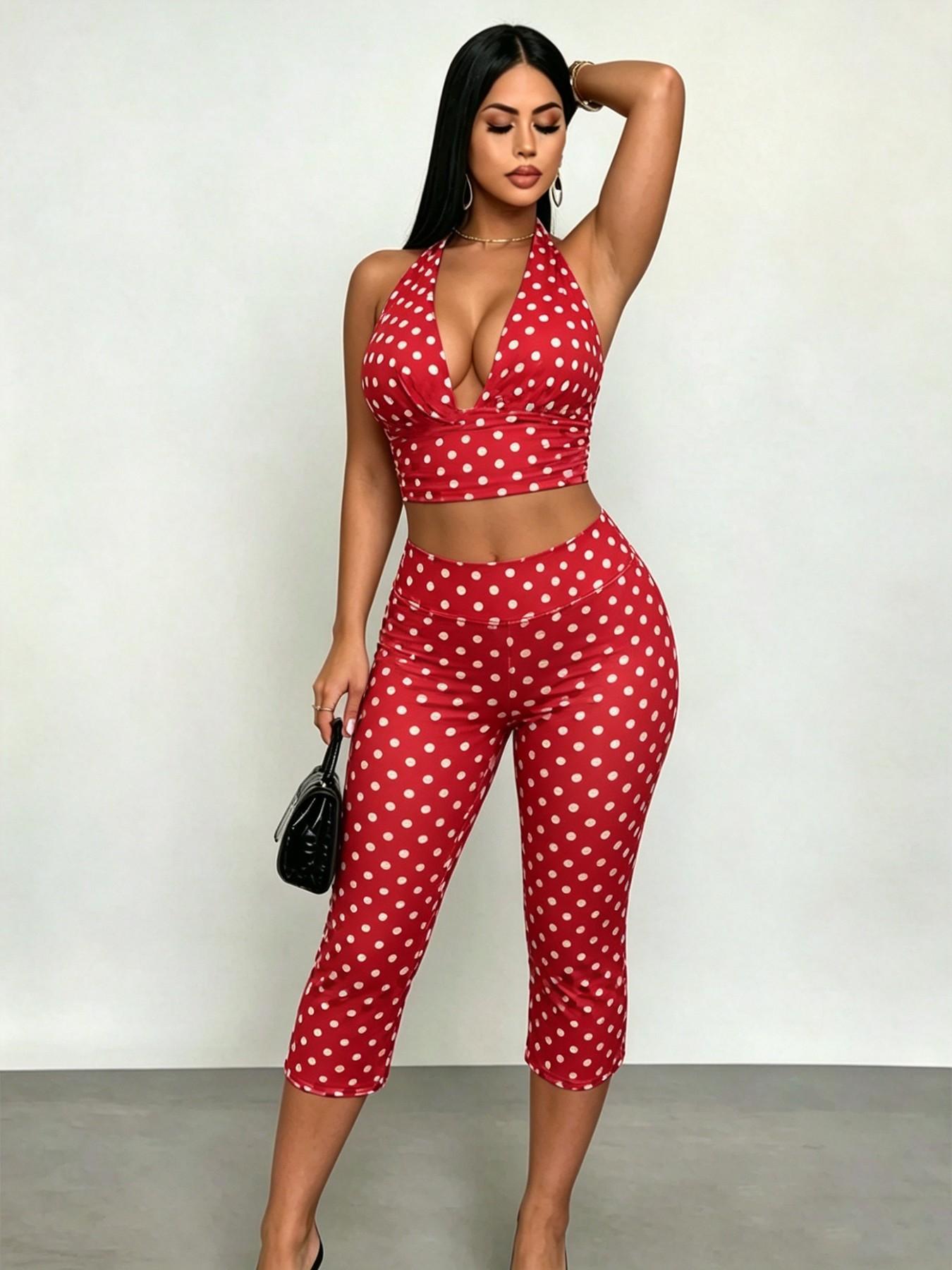 Tiktok Viral 2026 Women's 2 Pack Polka Dot Set, Halter Neck Deep V Crop Top & High Waisted Capri Leggings, Y2K Retro Streetwear, Outfit, Stretchy