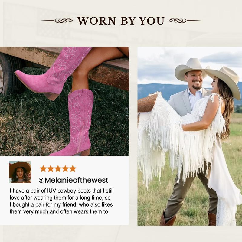 IUV Cowboy Boots For Women Knee High Boots Pointy Toe Women's Western Boots Side Zipper Chunky Heel Cowgirl Boots