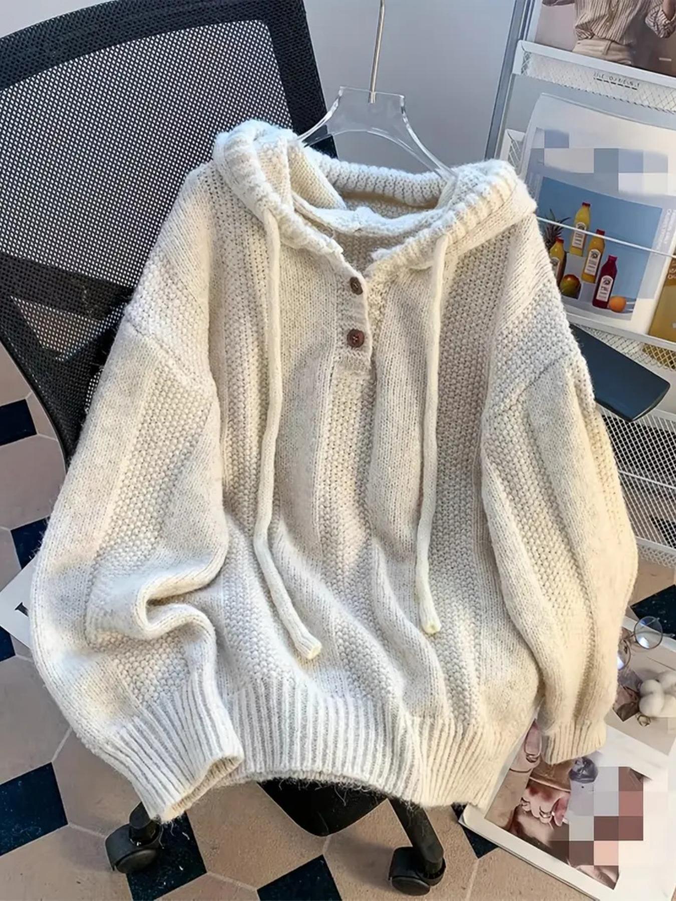 Women's Oversized Hooded Button Up Drawstring Adjustable Long Sleeve Pullover Sweater Autumn/Winter Casual Solid Color Warm Thick Chunky Cozy Soft Jumper Sweater Top, Women Fall Outfit, Winter Sweater for Women, Garment, Womenswear