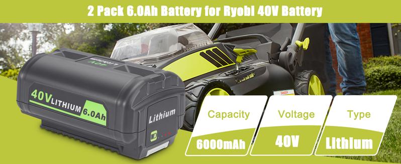 2 Packs 40V Lithium-ion Battery OP4060 6000mAh Compatible for Ryobi 40V Power Tools OP4040 OP4026 OP4030 OP4050 OP4060A High Capacity Removable Rechargeable