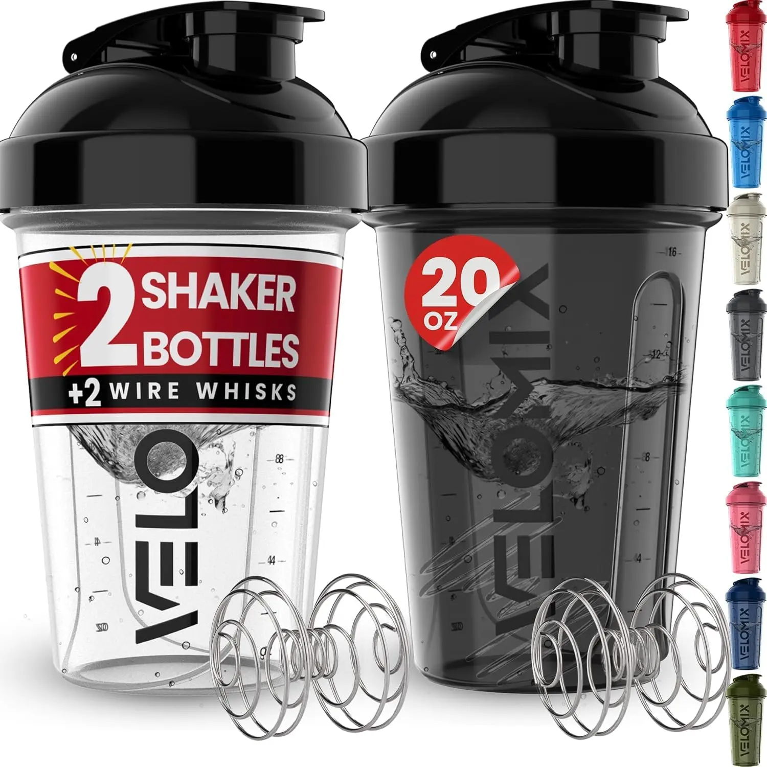 2 Pack 20oz Protein Shaker Bottle for Protein Mixes, Black/Transpar | 2x Wire Whisk, Leak Proof Shaker Cups for Protein Shakes, Stackable, Dishwasher safe, BPA free, Pre Workout and Fitness ready