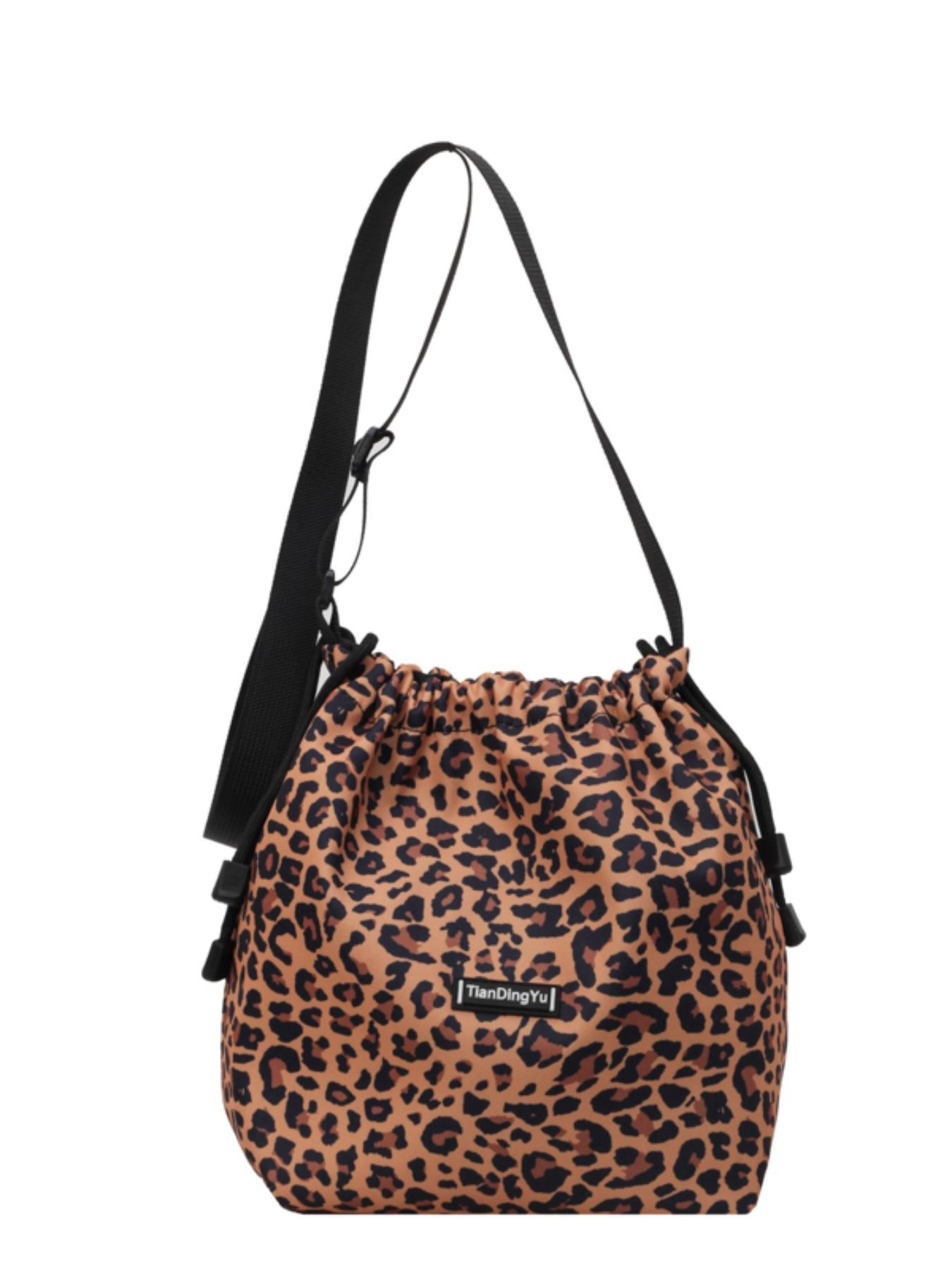 Women's Leopard Print Drawstring Bucket Bag, Lightweight Nylon Crossbody Shoulder Purse, Adjustable Strap, Casual All-Season Handbag
