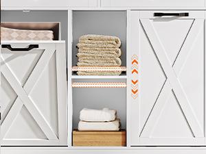 HOOBRO Tilt Out Trash Can Cabinet with 2 Drawers and Open Shelving, Farmhouse Double 23 Gallon Laundry Hamper Cabinet, Kitchen,  Hidden Trash Can for Bathroom, White and Walnut