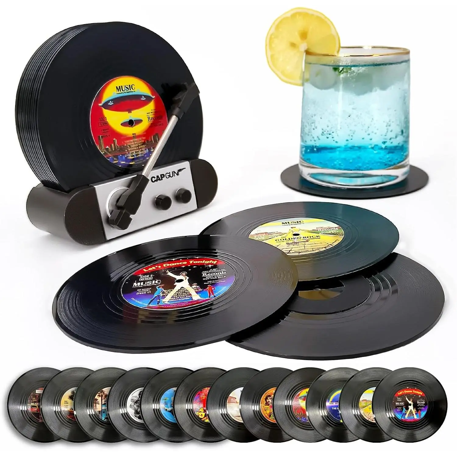 Vinyl Record Coasters Set of 12 with Record Player Holder, Drink Coasters for Music Lovers, Housewarming Gift