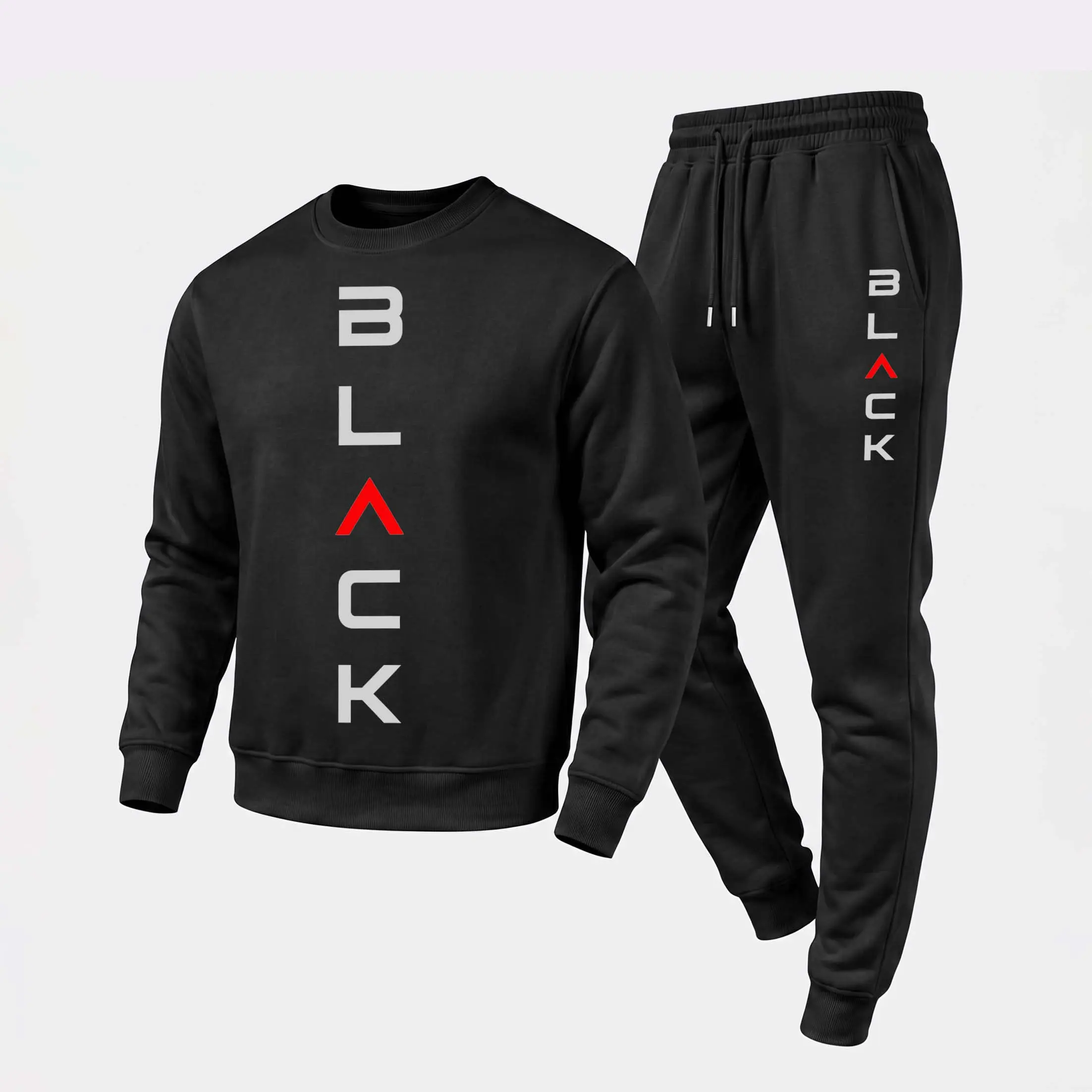 Men's Black Graphic Crewneck Sweatshirt And Jogger Pants Set, Casual Long Sleeve Pullover With Drawstring Sweatpants, Fall Winter Tracksuit For Daily Wear, Travel, Lounge, Workout And Indoor Outdoor Activities