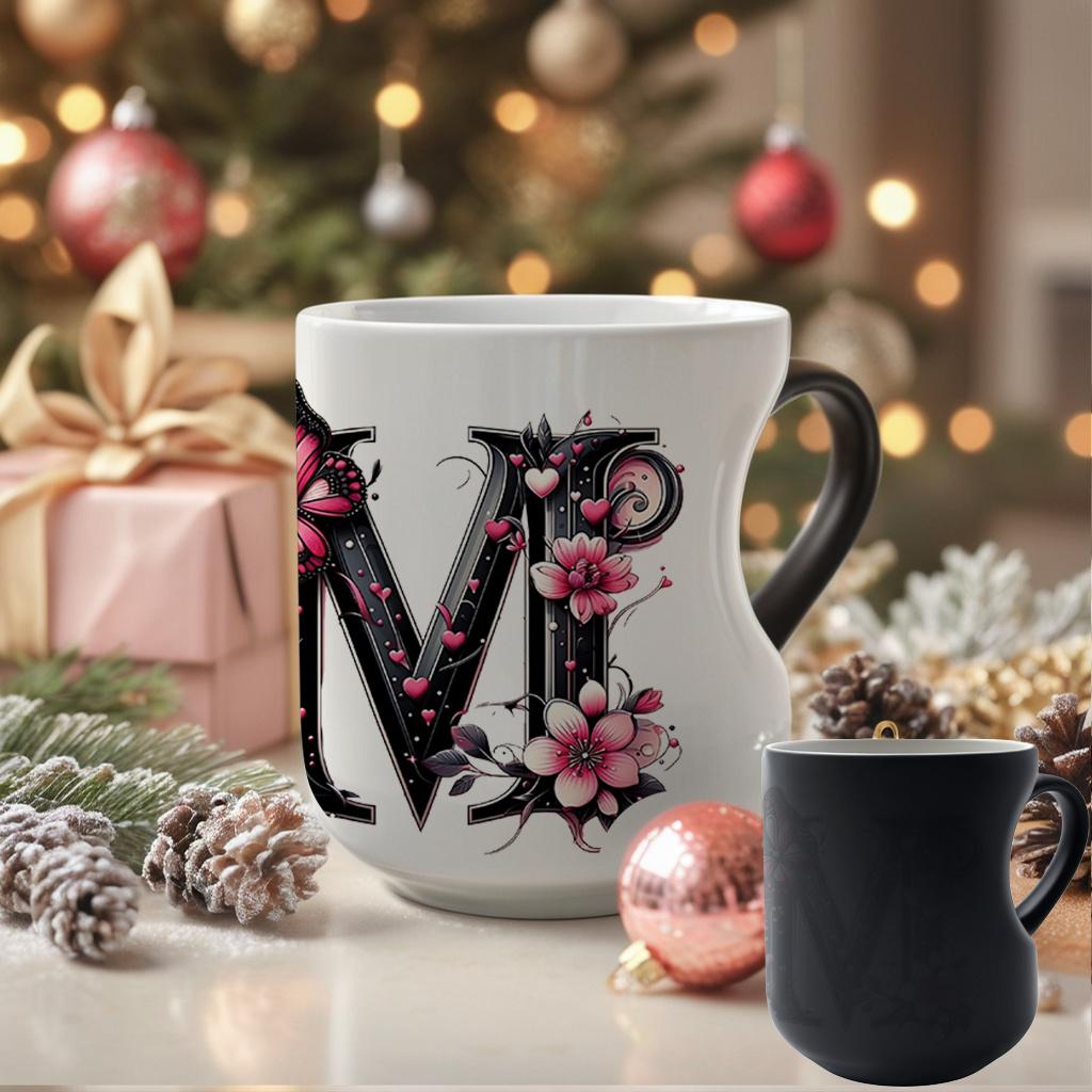 Heat-changing ceramic mug with pink butterfly and floral motif, heart-shaped handle, 11 oz/330 ml capacity. This color-changing thermos is perfect for hot and cold beverages.